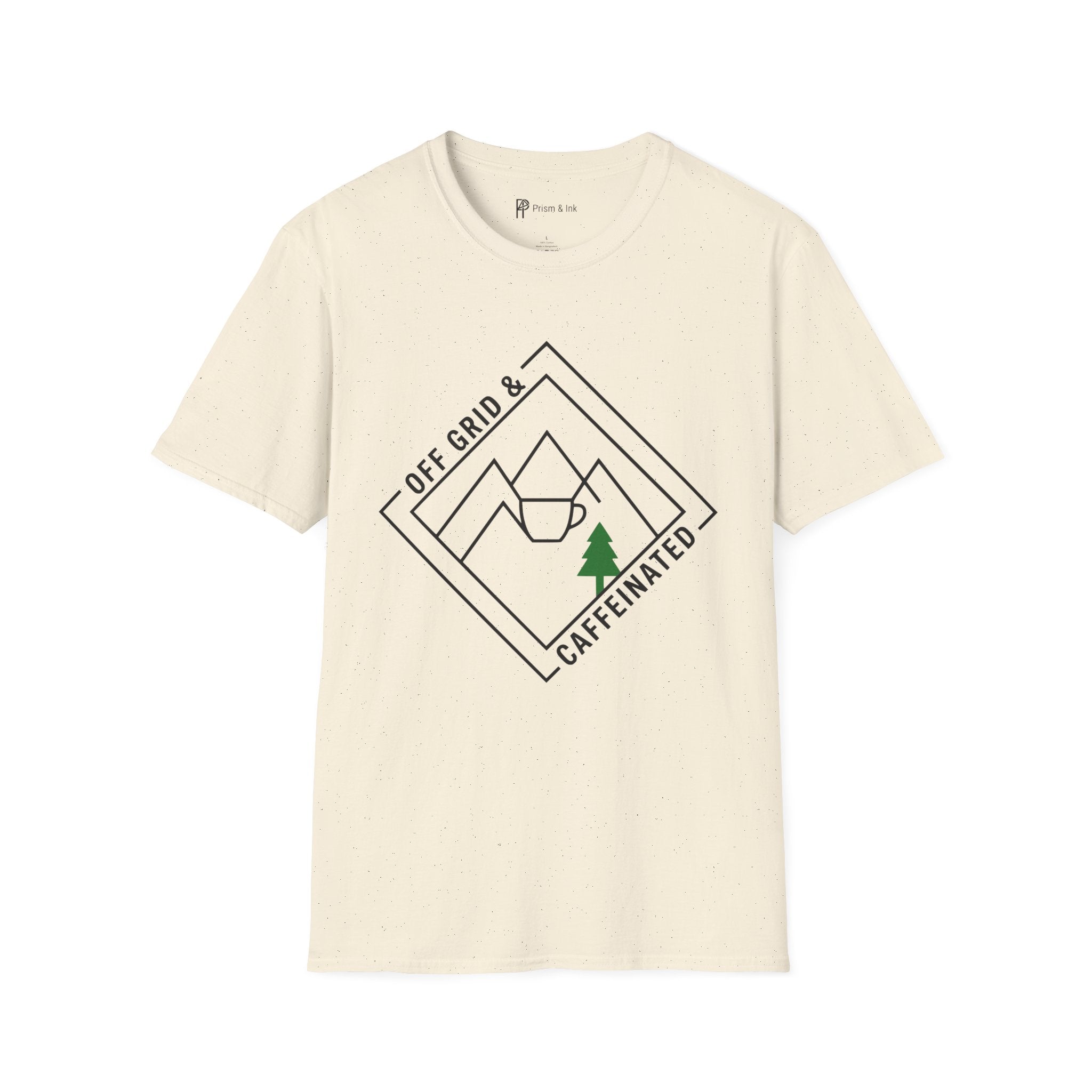 Off Grid & Caffeinated T-Shirt — Minimalist Mountain Badge & Camping Coffee Graphic