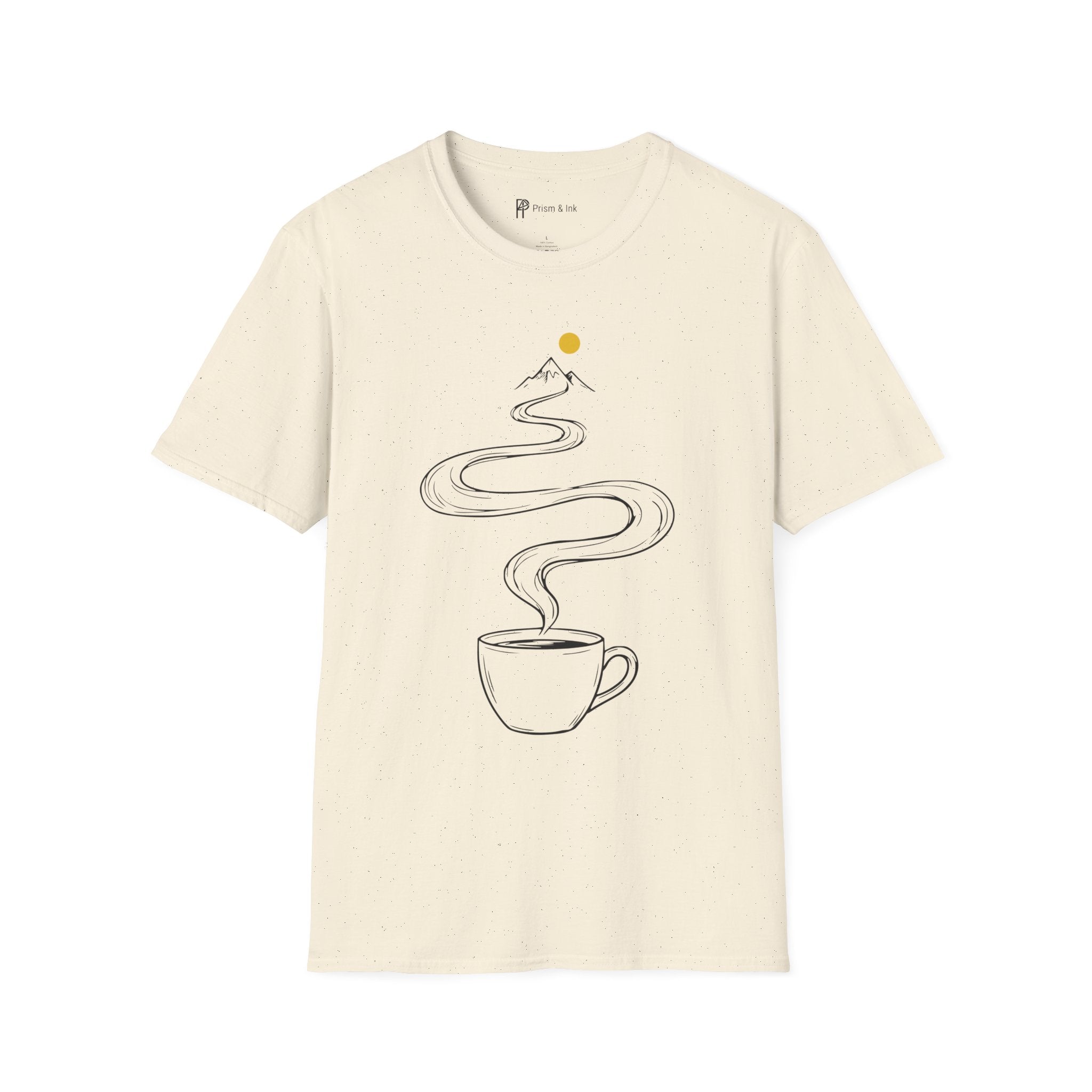 Summit Brew T-Shirt — Steaming Coffee Path and Mountain Peak
