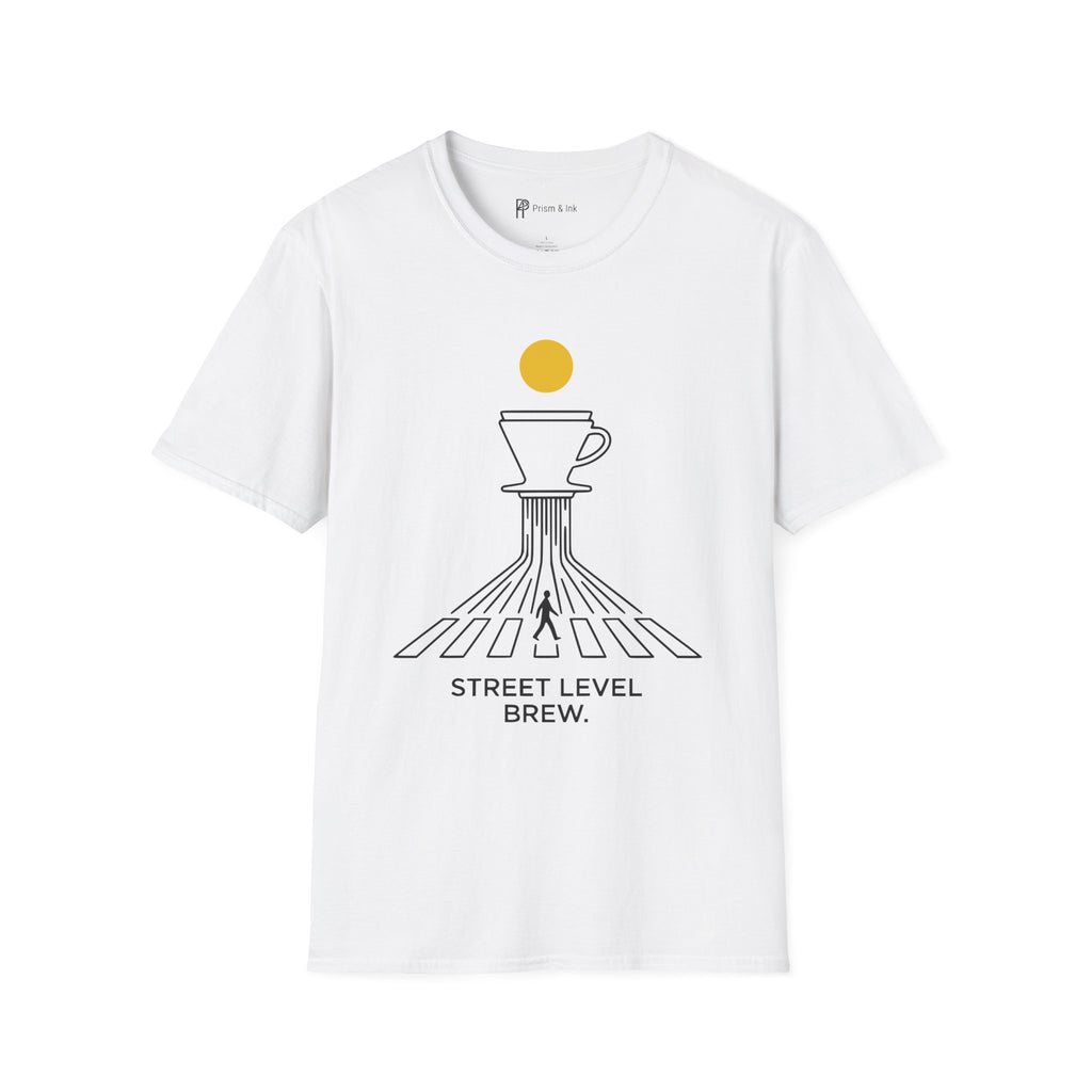 Street Level Brew T-Shirt — Pour-Over Dripper and Crosswalk Silhouette