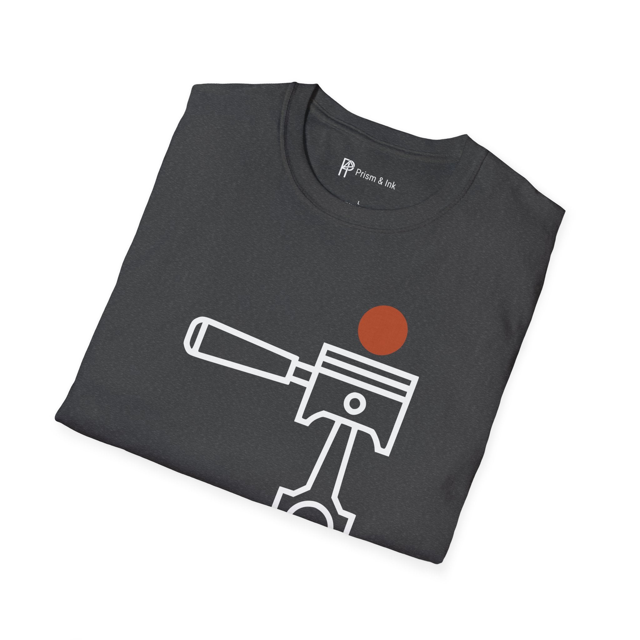High Performance Dark Roast T-Shirt — Minimalist Piston & Portafilter Mechanical Art