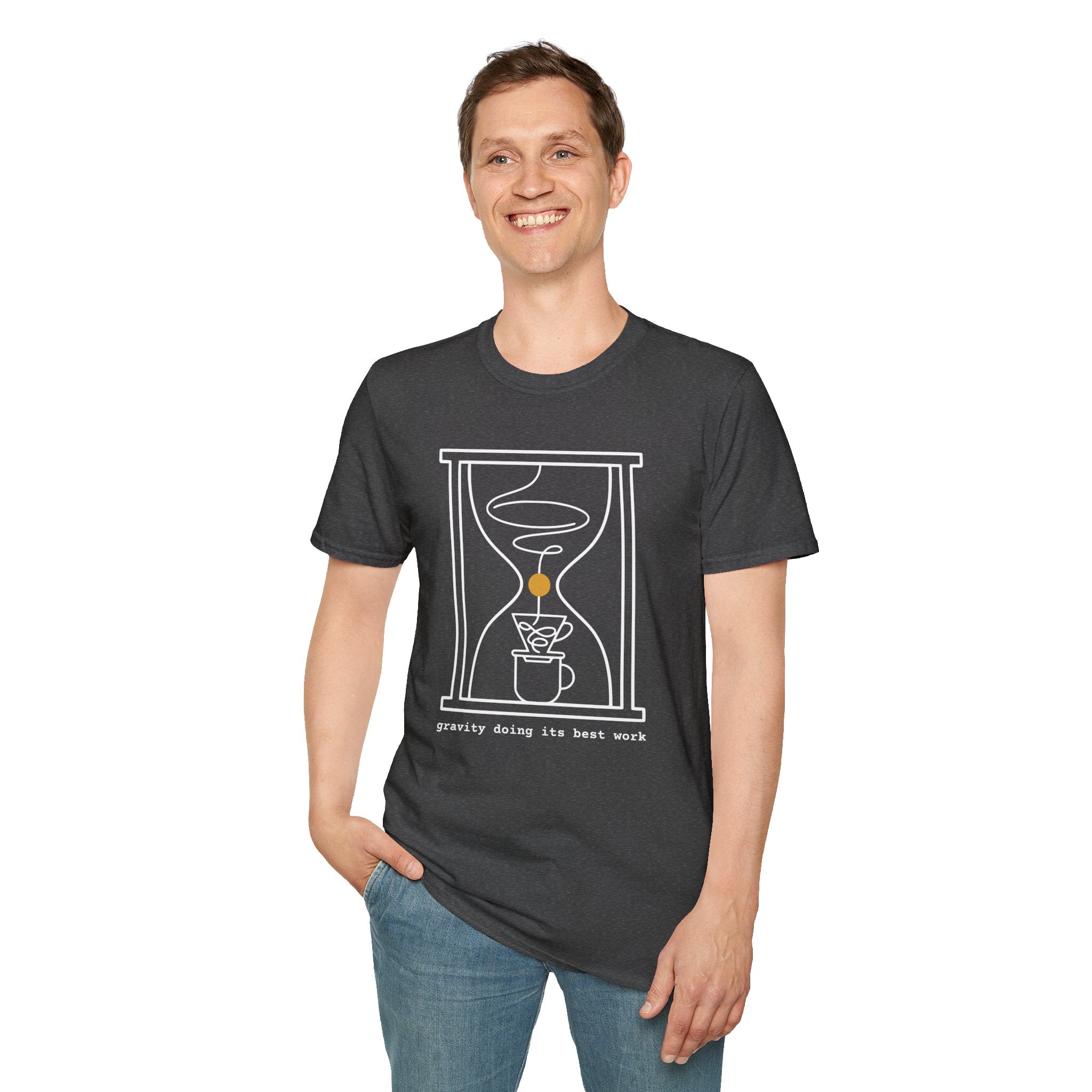 Gravity Doing Its Best Work T-Shirt — Minimalist Hourglass & Pour-Over Coffee Art