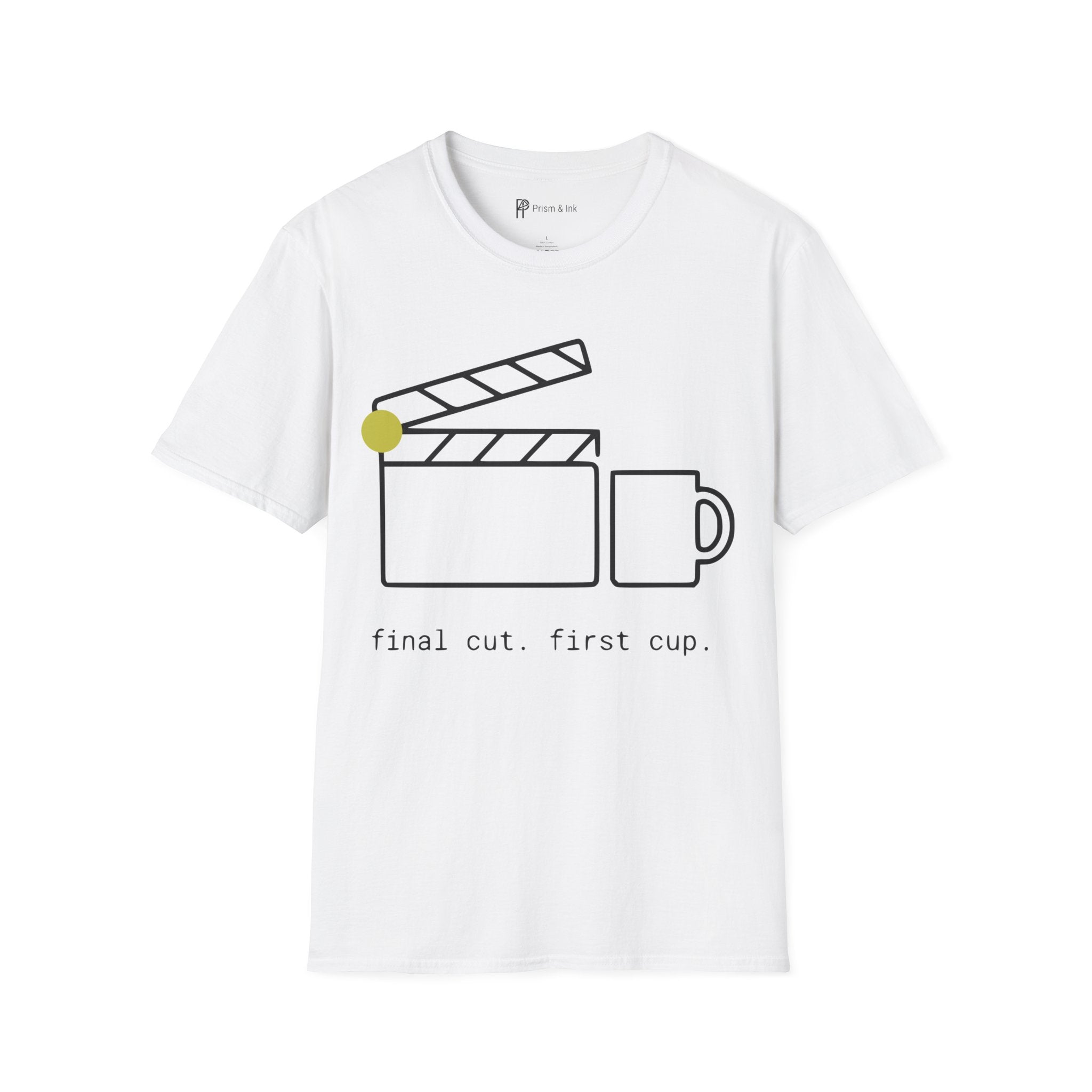 Final Cut First Cup T-Shirt — Minimalist Movie Clapper & Coffee Art