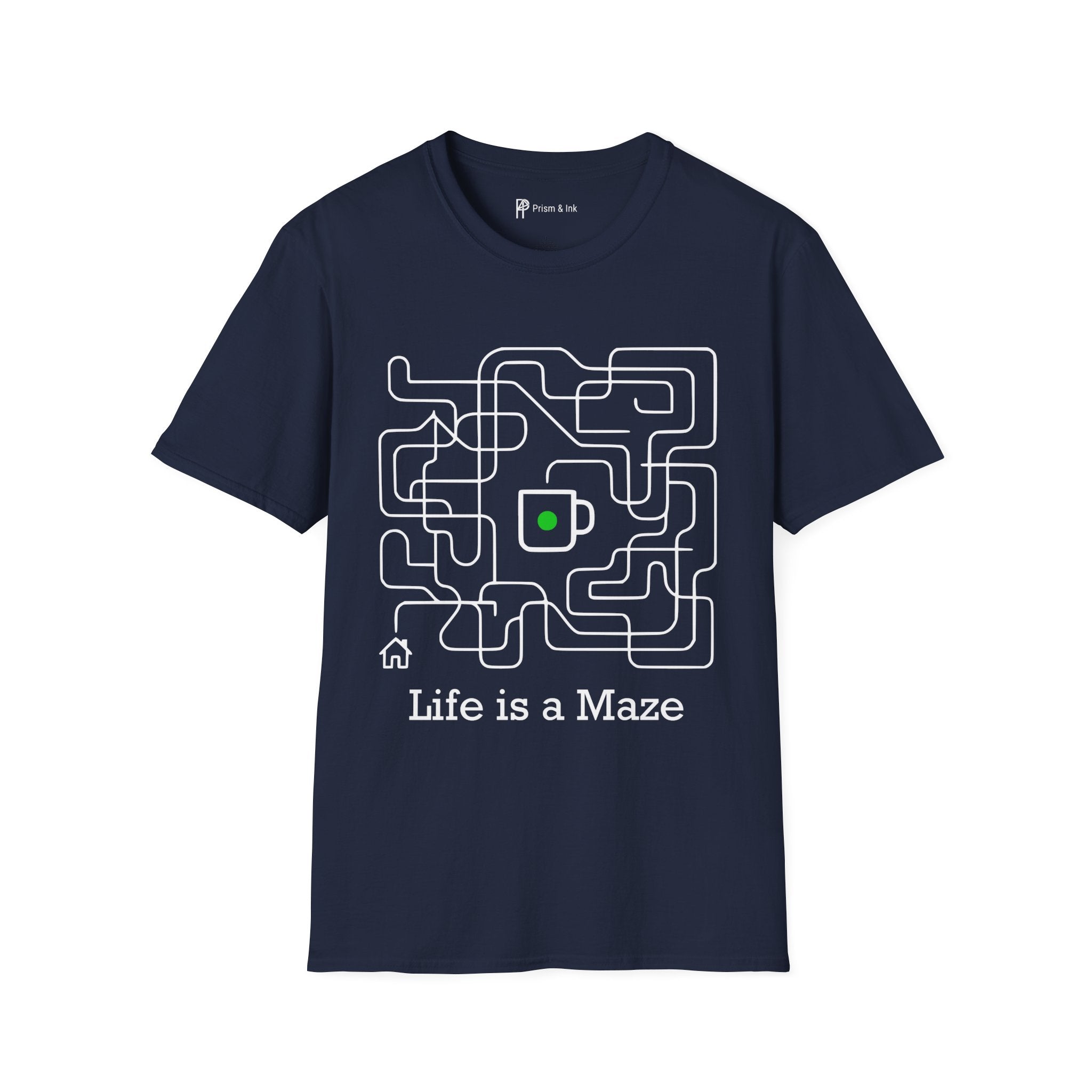 Life is a Maze Coffee T-Shirt — Minimalist Path to Home & Caffeine Art
