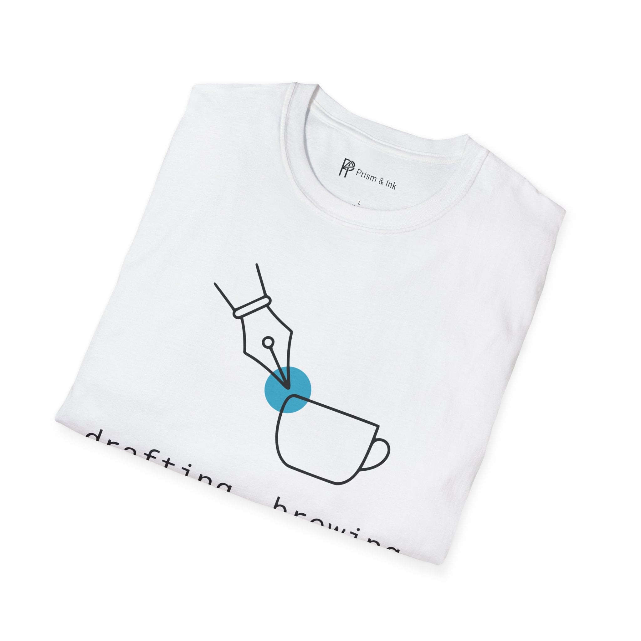 Drafting & Brewing T-Shirt — Minimalist Pen Nib & Coffee Line Art