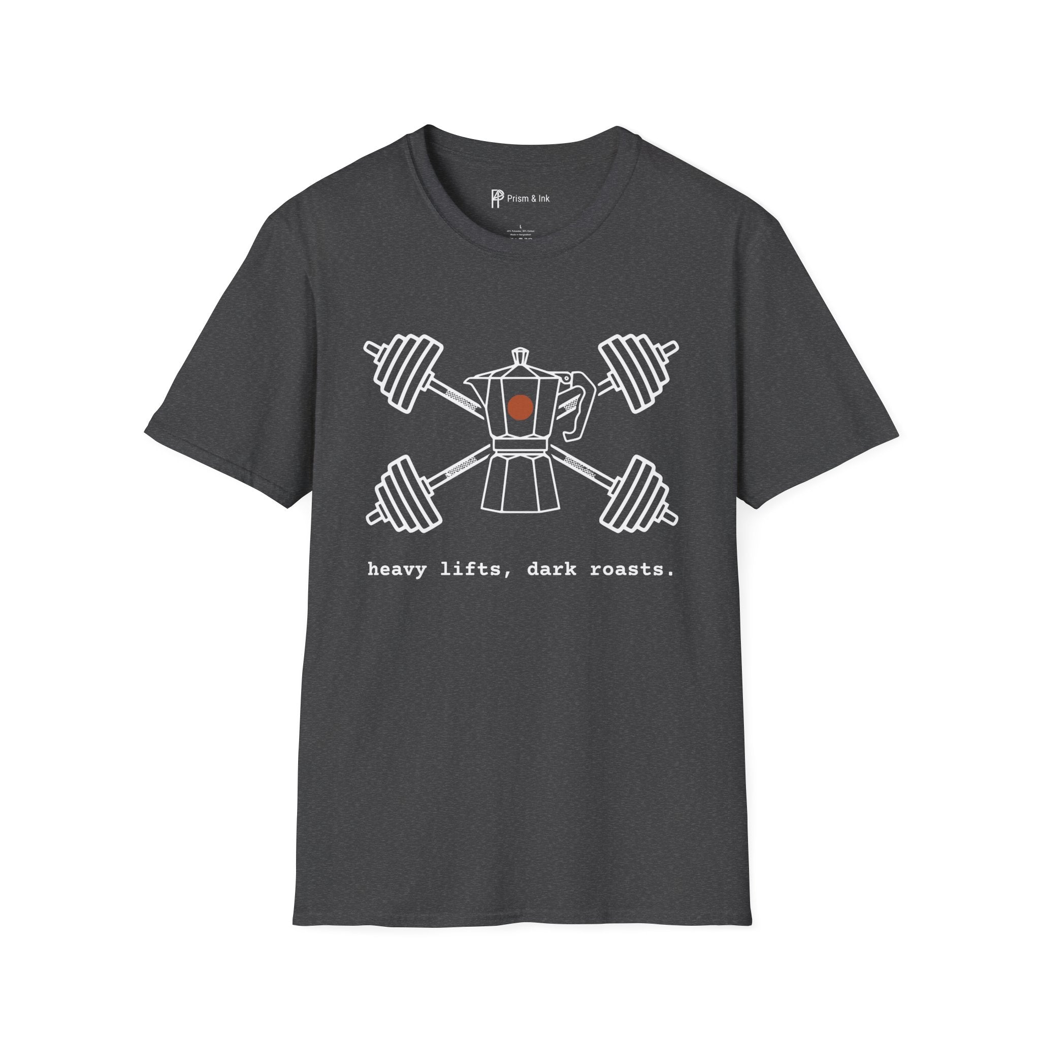 Heavy Lifts Dark Roasts T-Shirt — Minimalist Moka Pot & Gym Barbell Art