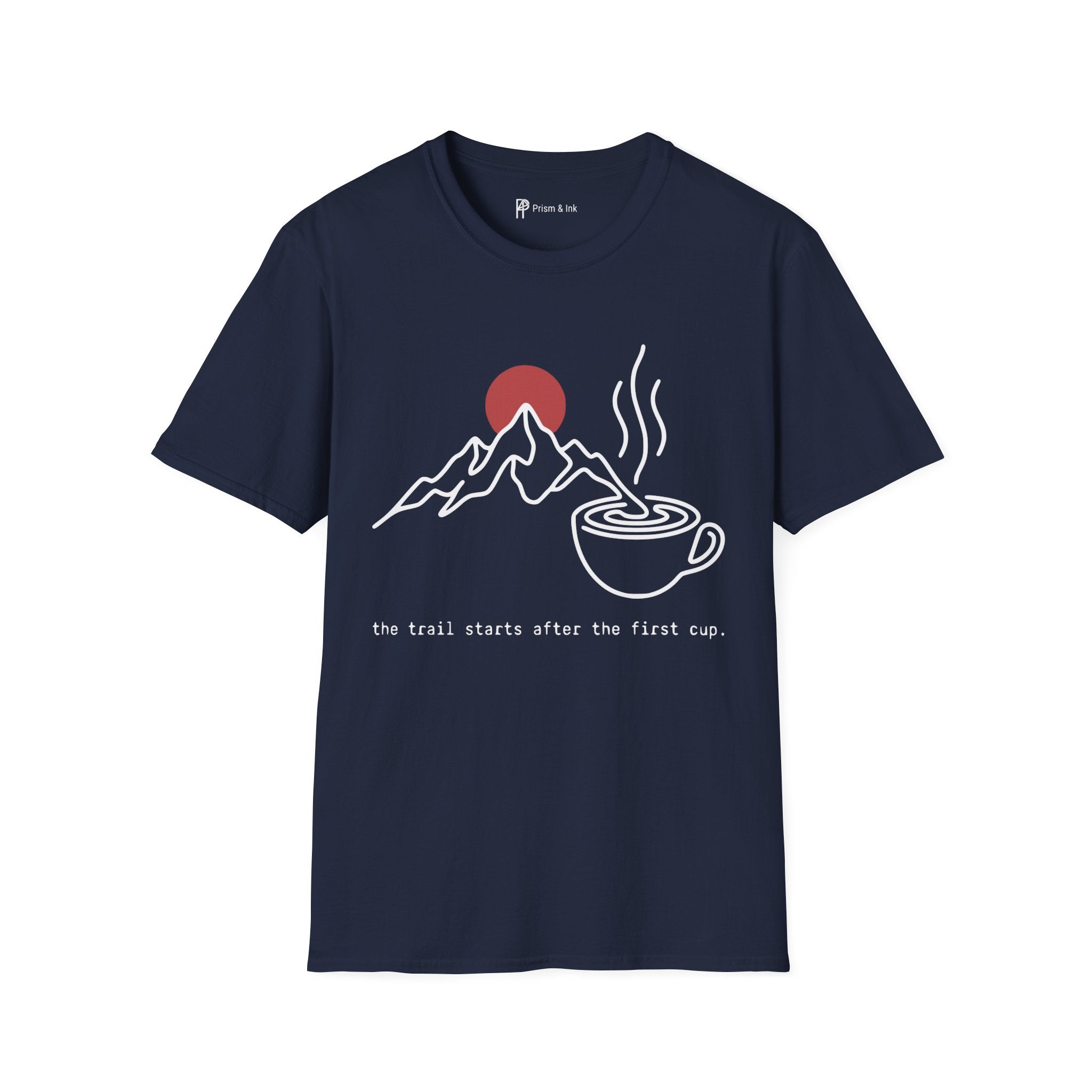 Trail Starts After Coffee T-Shirt — Minimalist Mountain & First Cup Graphic
