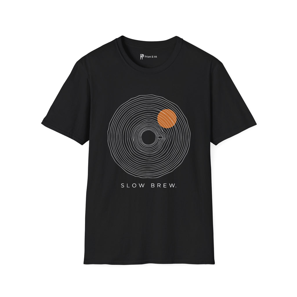Slow Brew T-Shirt — Tree Ring Growth and Coffee Cup Silhouette