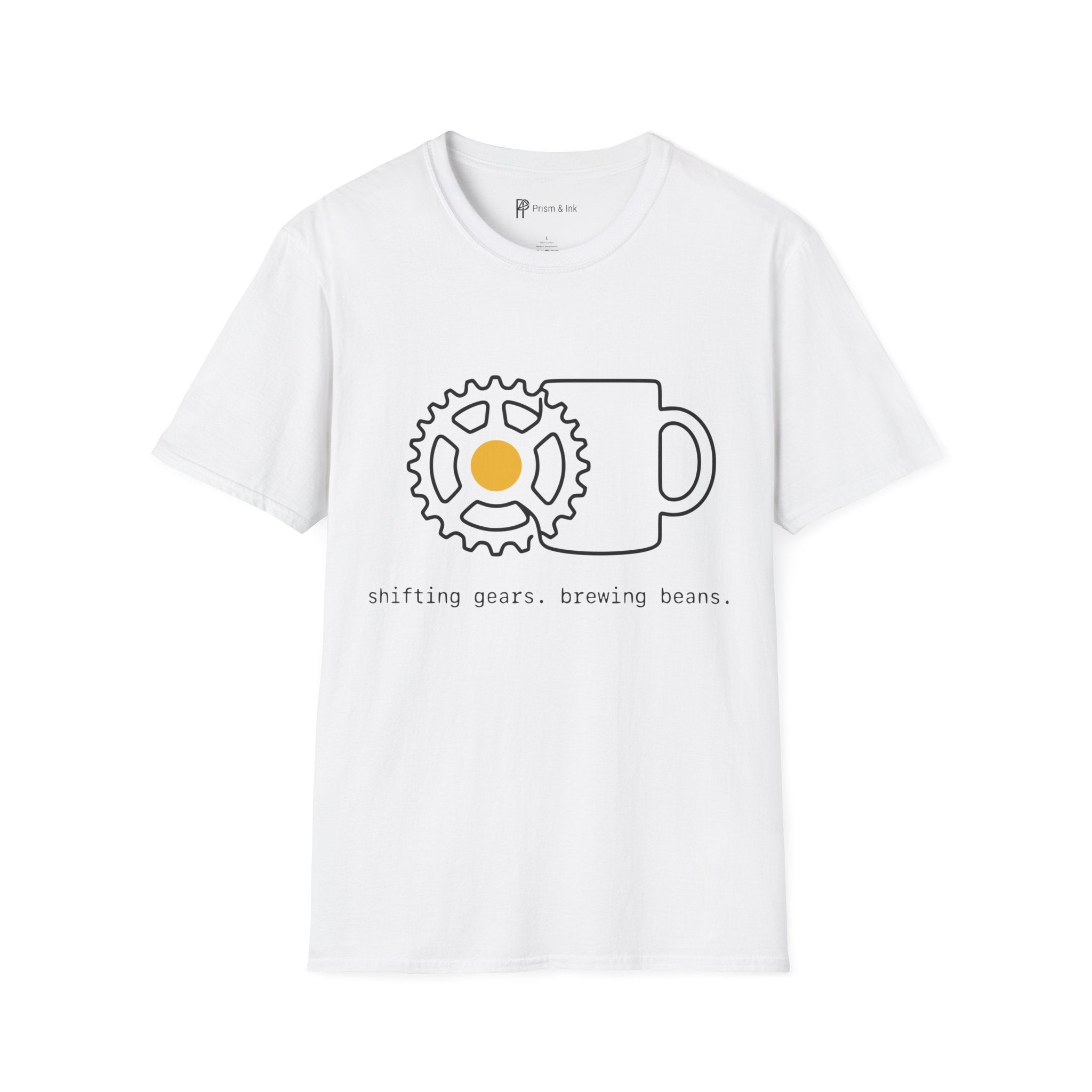 Shifting Gears T-Shirt — Minimalist Cycling Cog & Coffee Line Art