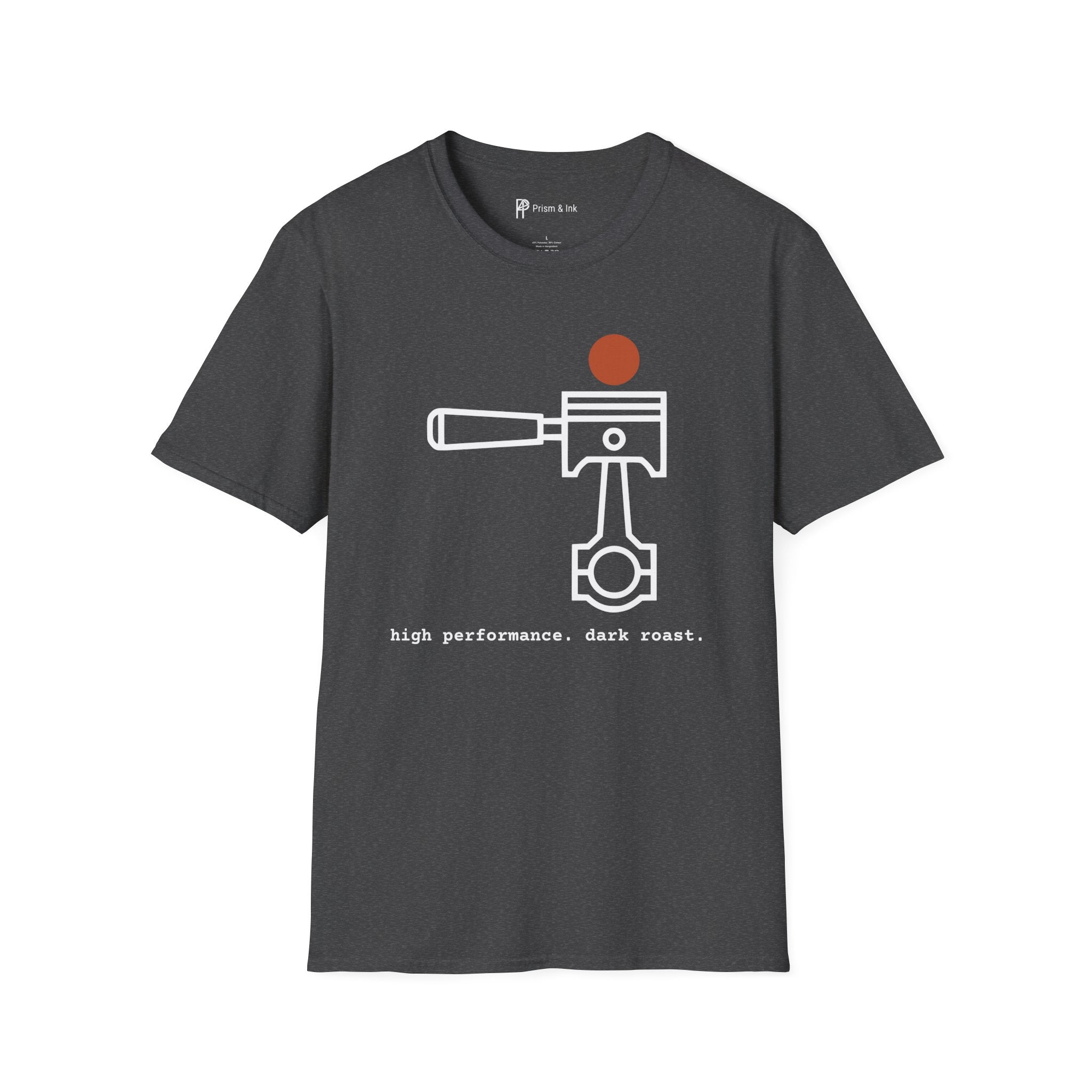 High Performance Dark Roast T-Shirt — Minimalist Piston & Portafilter Mechanical Art