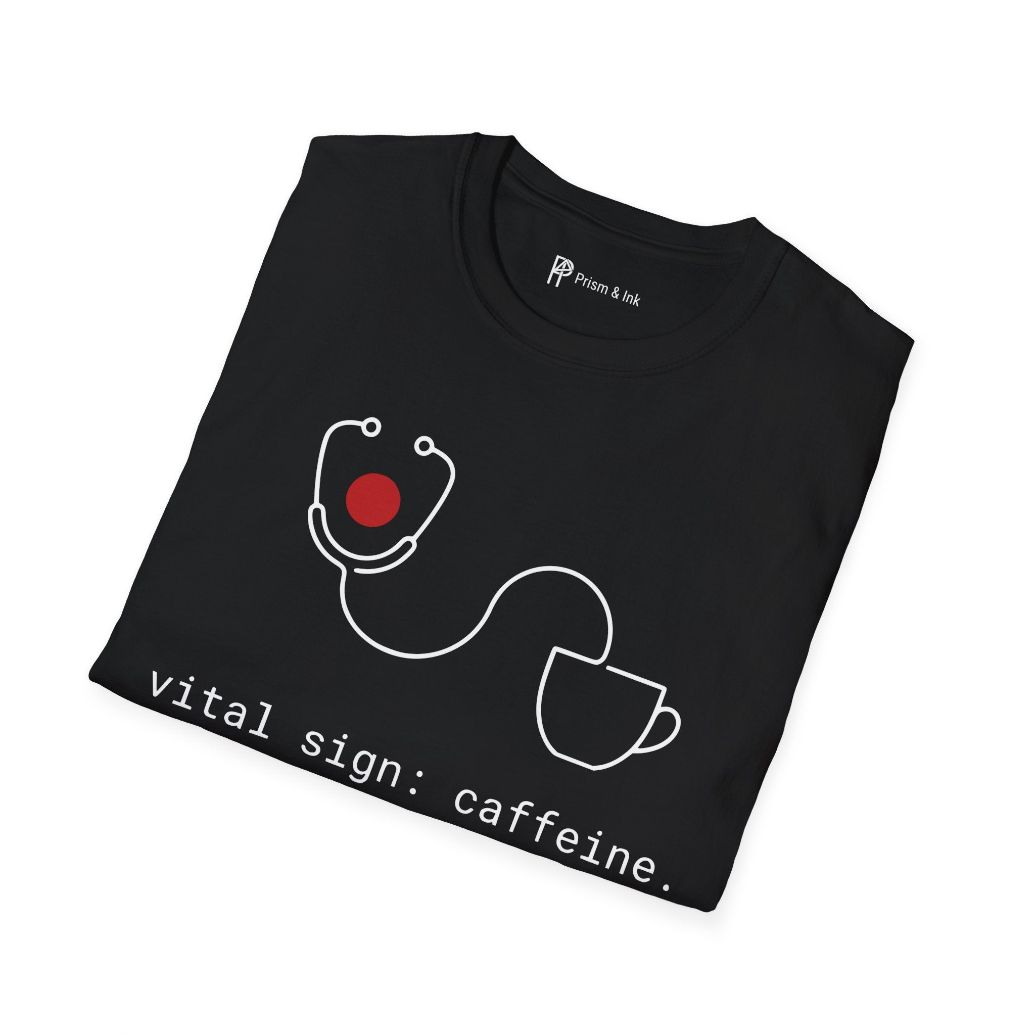Vital Sign: Caffeine T-Shirt — Minimalist Stethoscope & Coffee Art