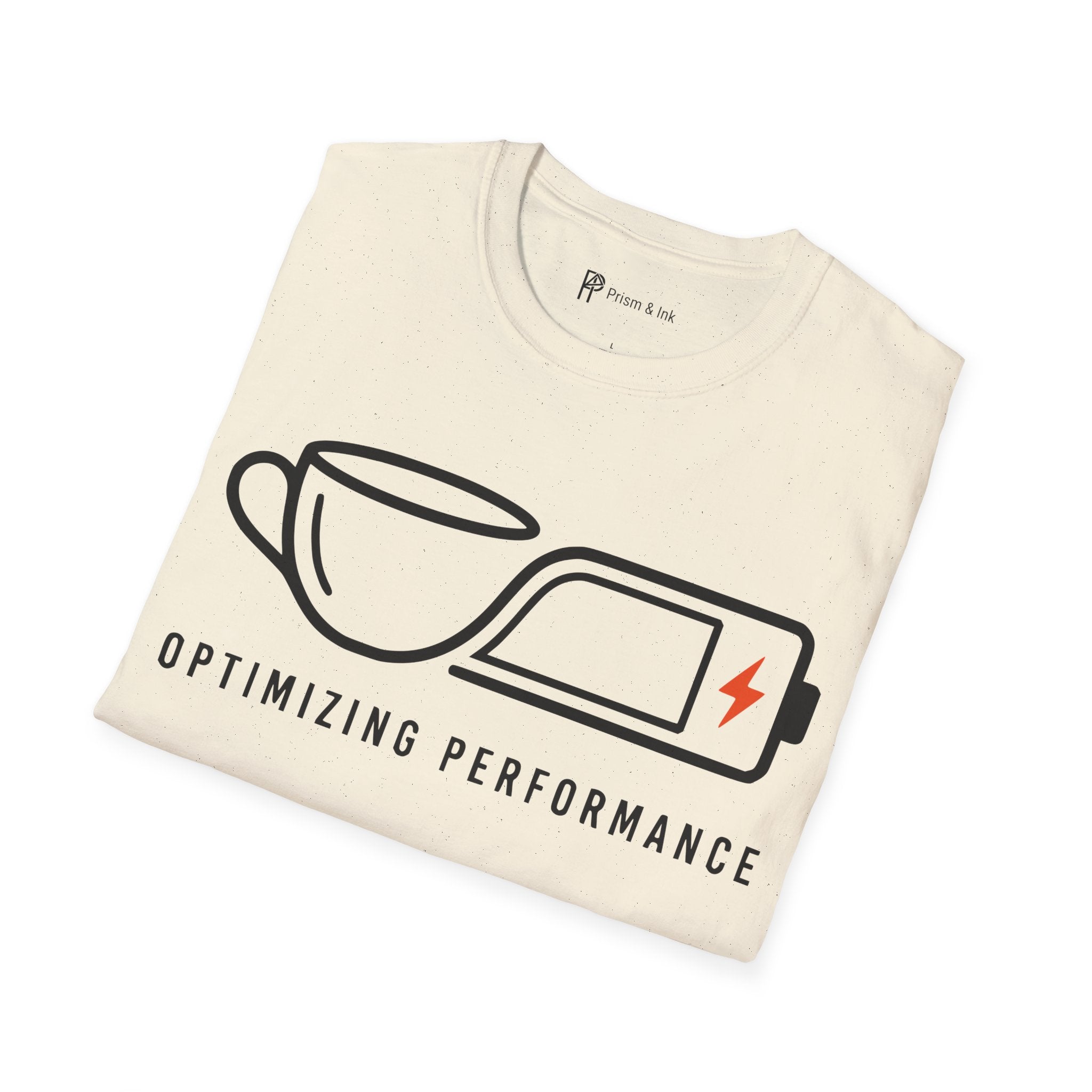 Optimizing Performance T-Shirt — Minimalist Coffee Cup & Battery Charge Graphic