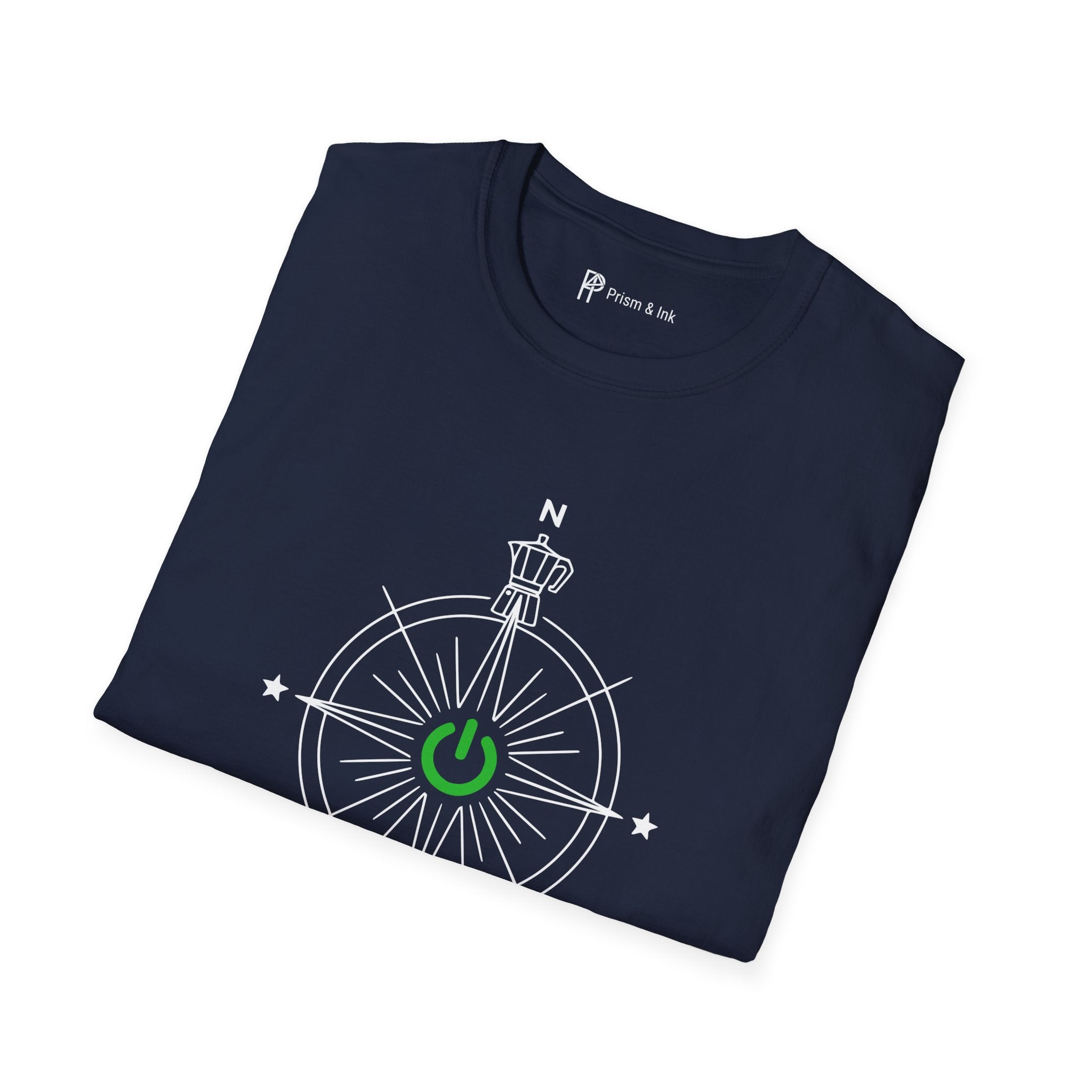 Exploration & Fusion T-Shirt — Minimalist Coffee Compass & Moka Pot Art
