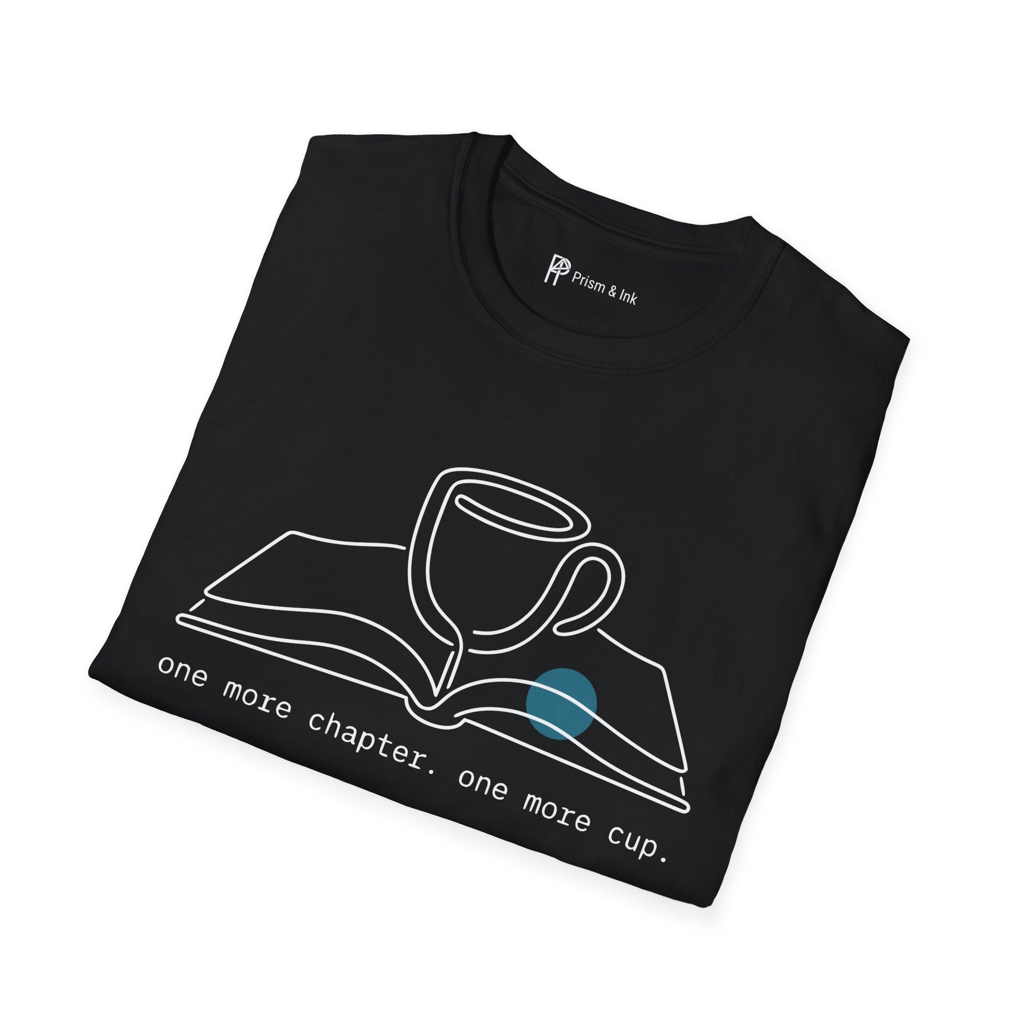One More Chapter T-Shirt — Minimalist Book & Coffee Ritual Art