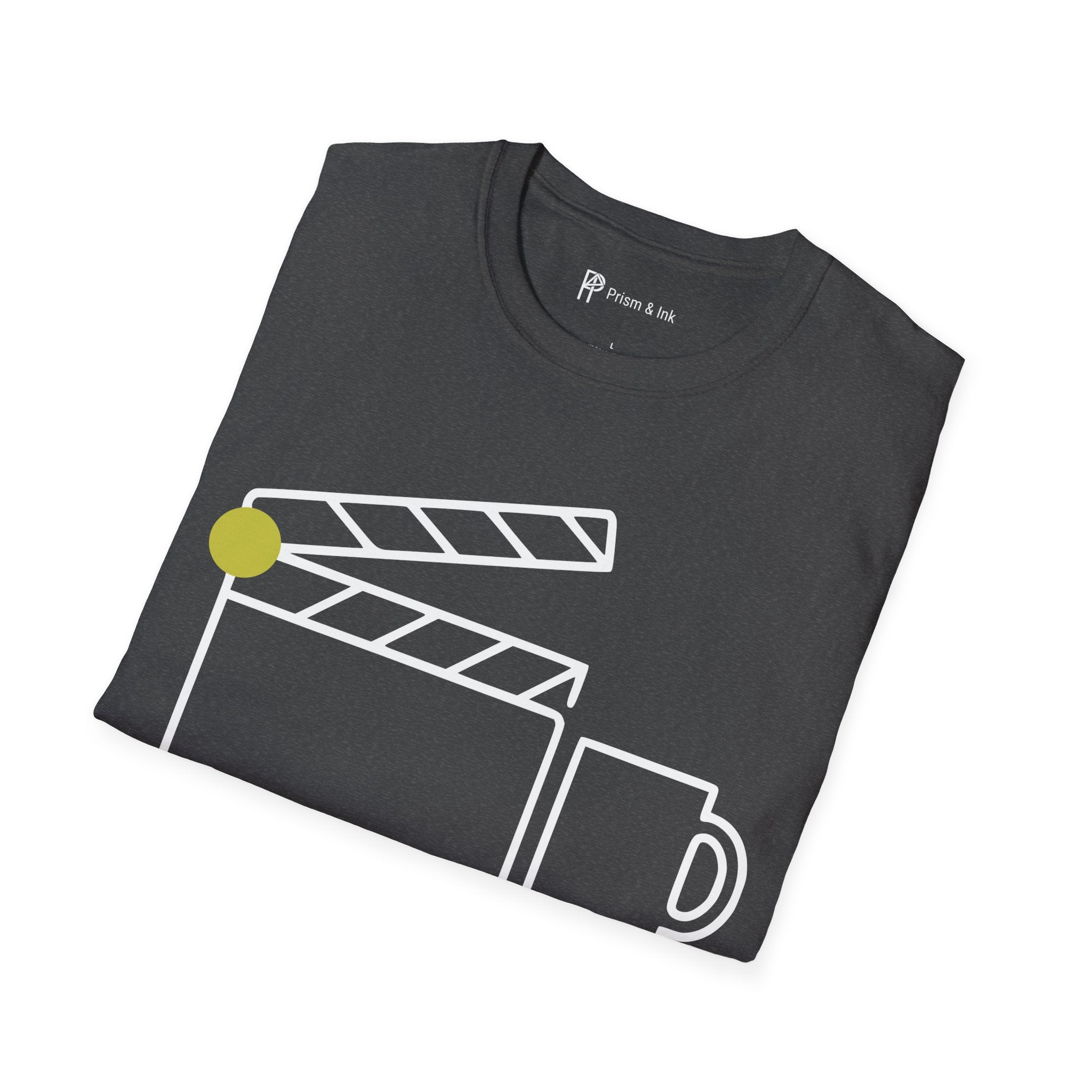 Final Cut First Cup T-Shirt — Minimalist Movie Clapper & Coffee Art
