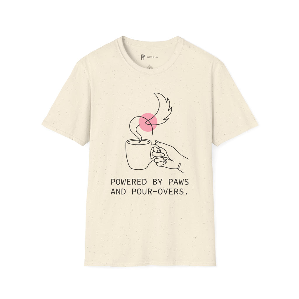 Powered by Paws T-Shirt — Minimalist Pet Lover & Coffee Pour-Over Graphic