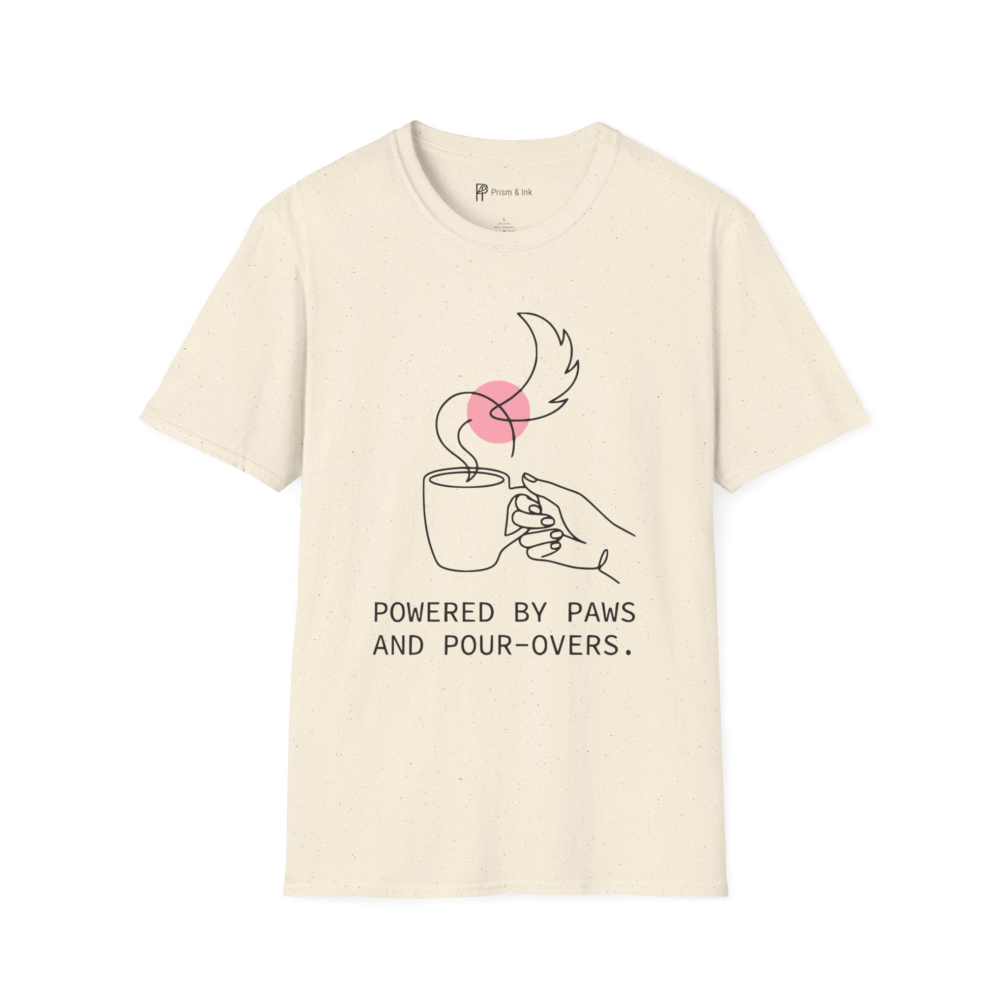 Powered by Paws T-Shirt — Minimalist Pet Lover & Coffee Pour-Over Graphic