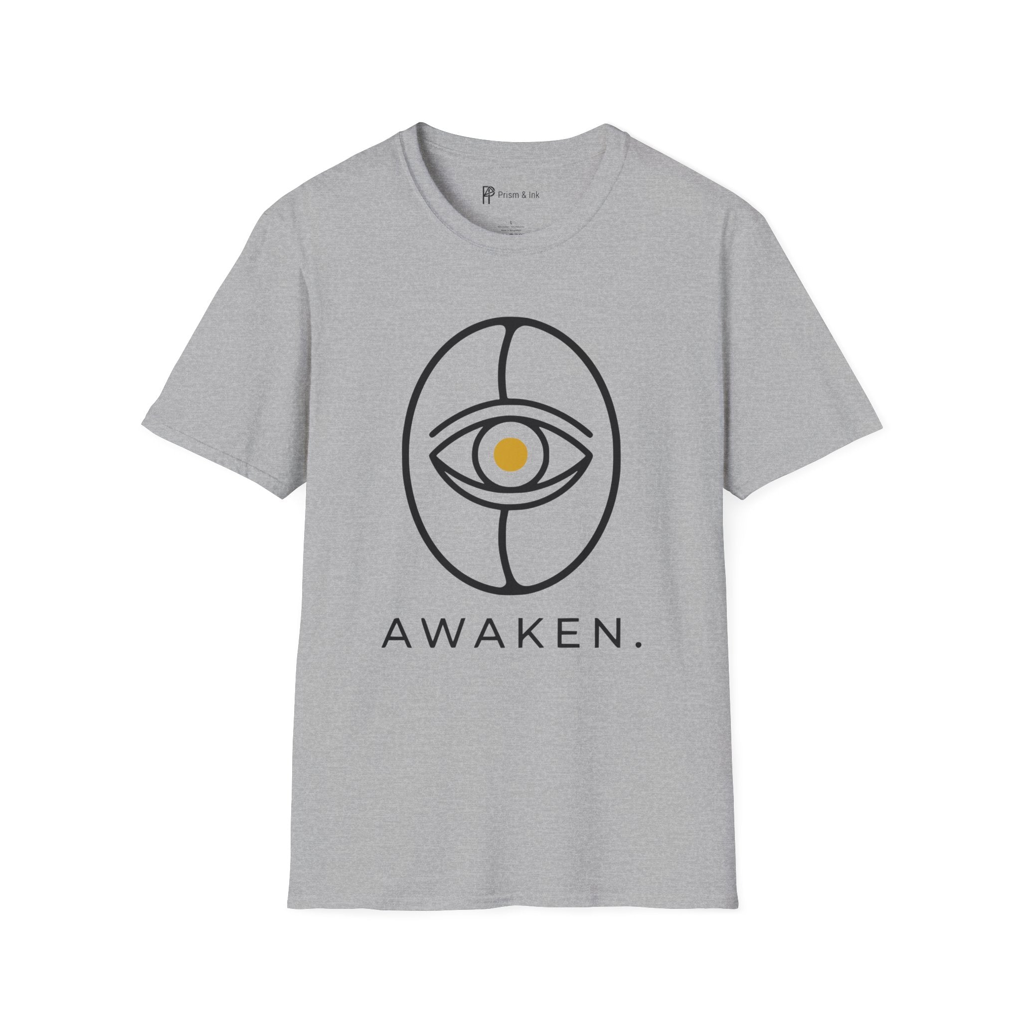 Awaken T-Shirt — Minimalist Coffee Bean and Eye Graphic