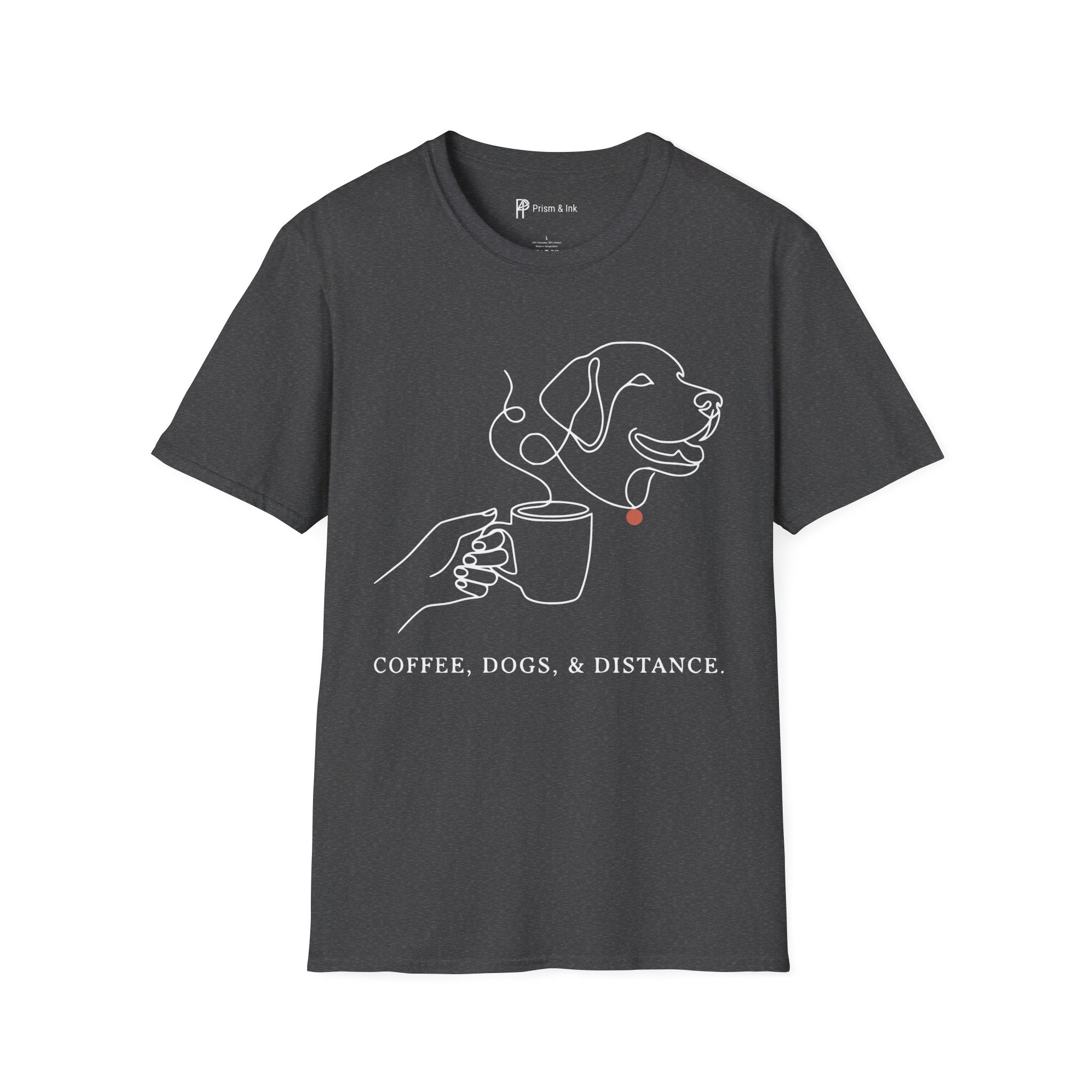 Coffee & Dogs T-Shirt — One Line Art Labrador and Steaming Cup