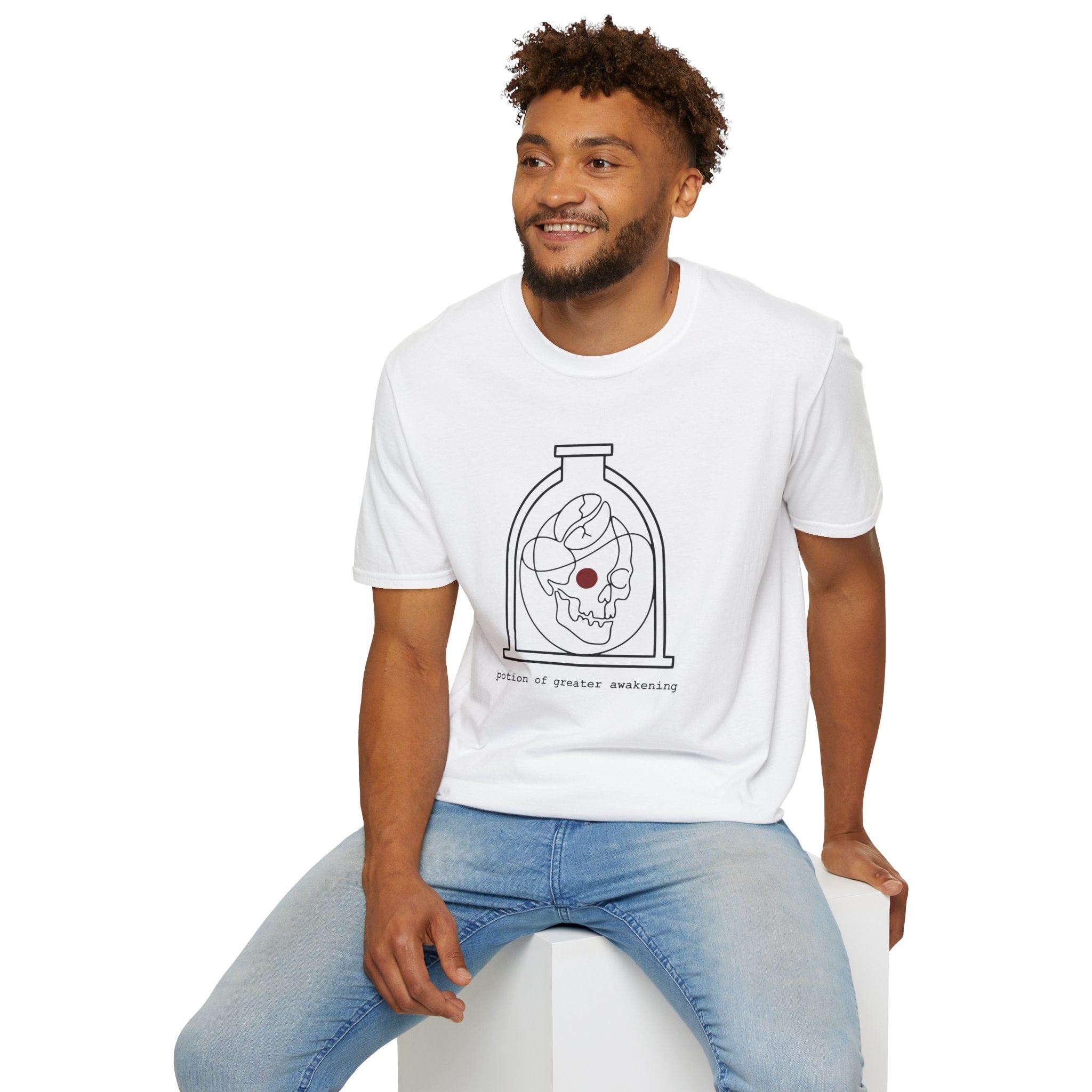 Potion of Greater Awakening T-Shirt — Minimalist Alchemy Flask & Coffee Bean Art