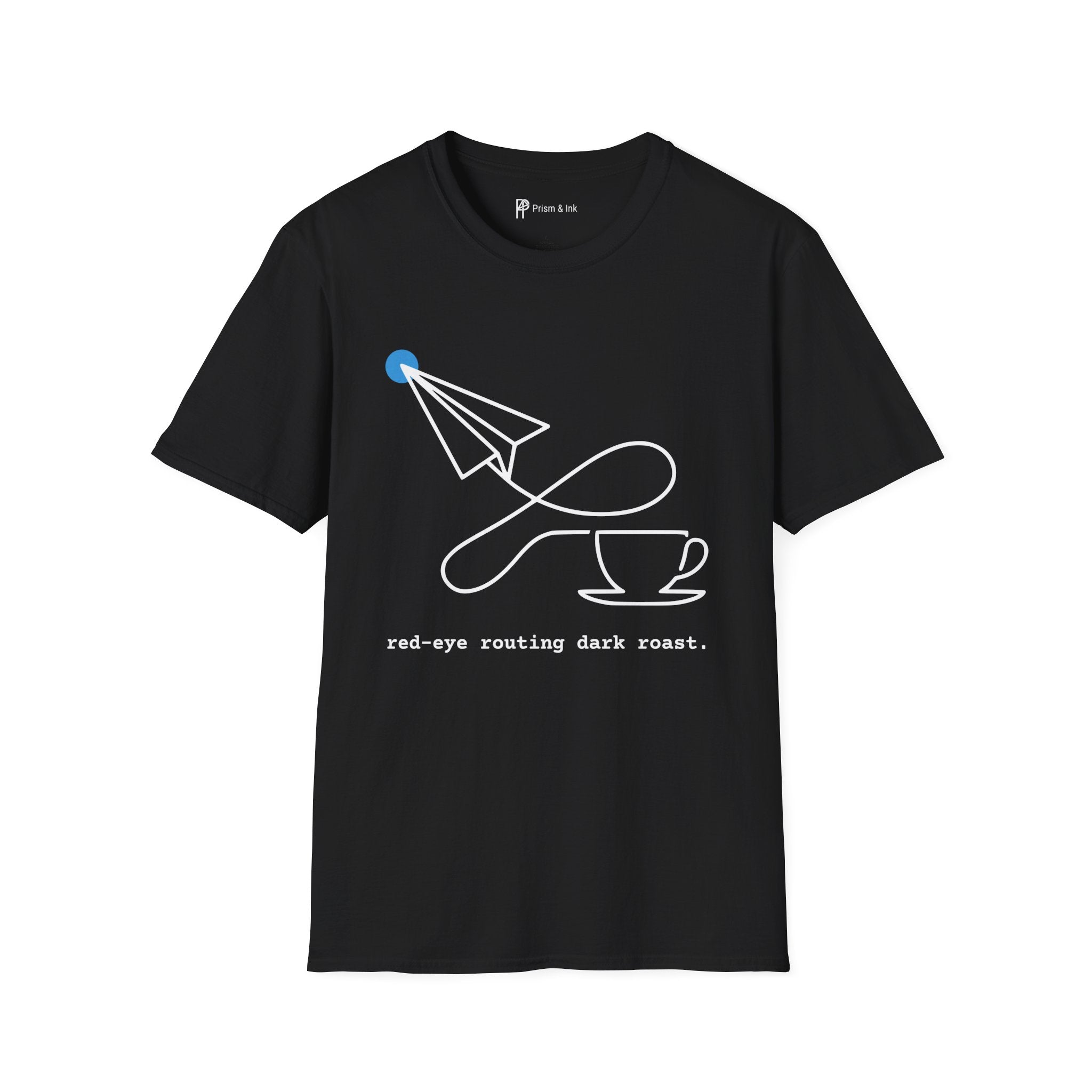 Red-Eye Routing Dark Roast T-Shirt — Minimalist Paper Plane & Coffee Flight Art