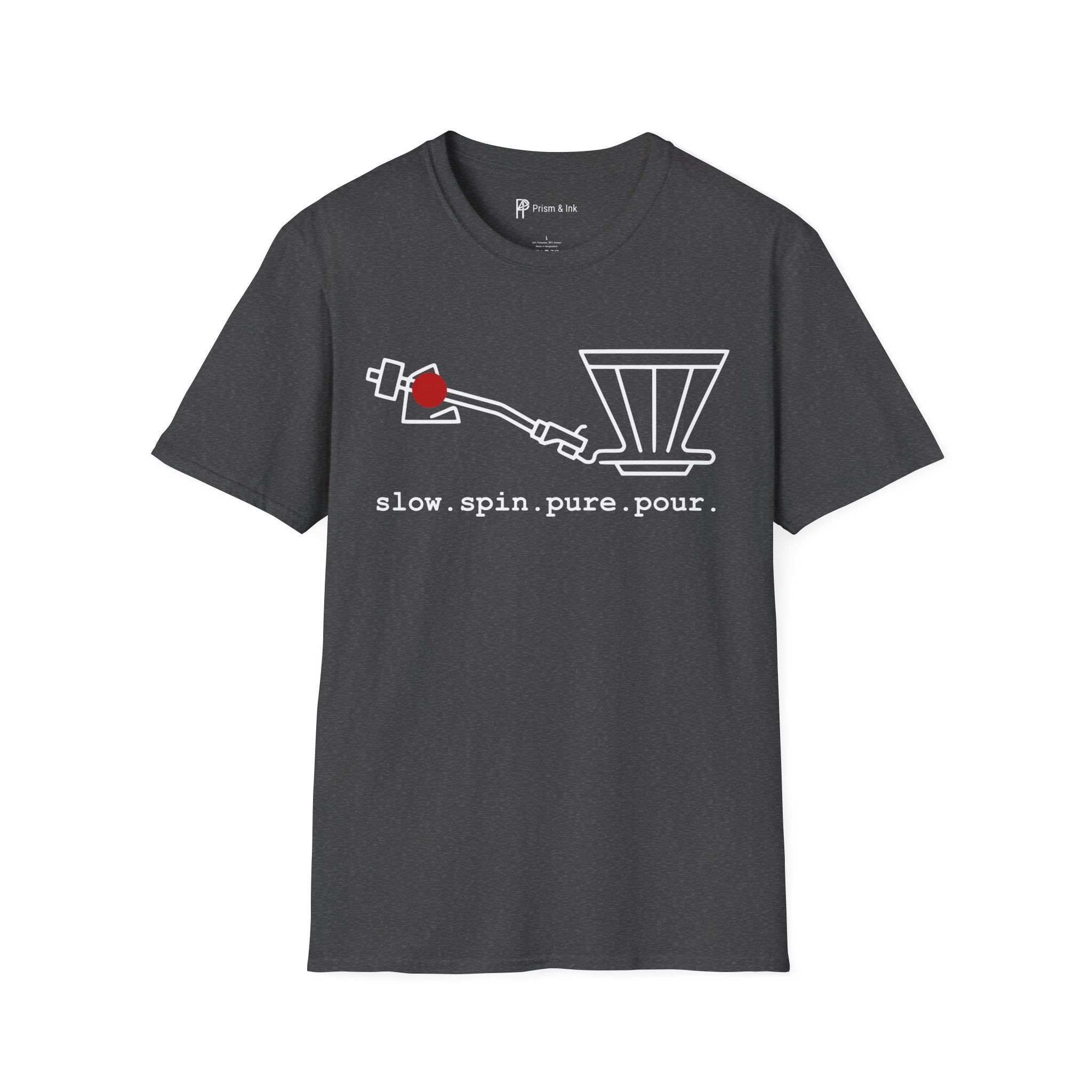 Slow Spin Pure Pour T-Shirt — Minimalist Vinyl Tonearm & Coffee Dripper Art