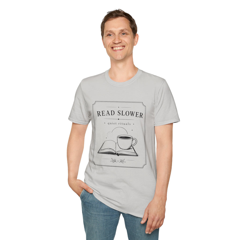 Read Slower Quiet Rituals Coffee Reading T-Shirt