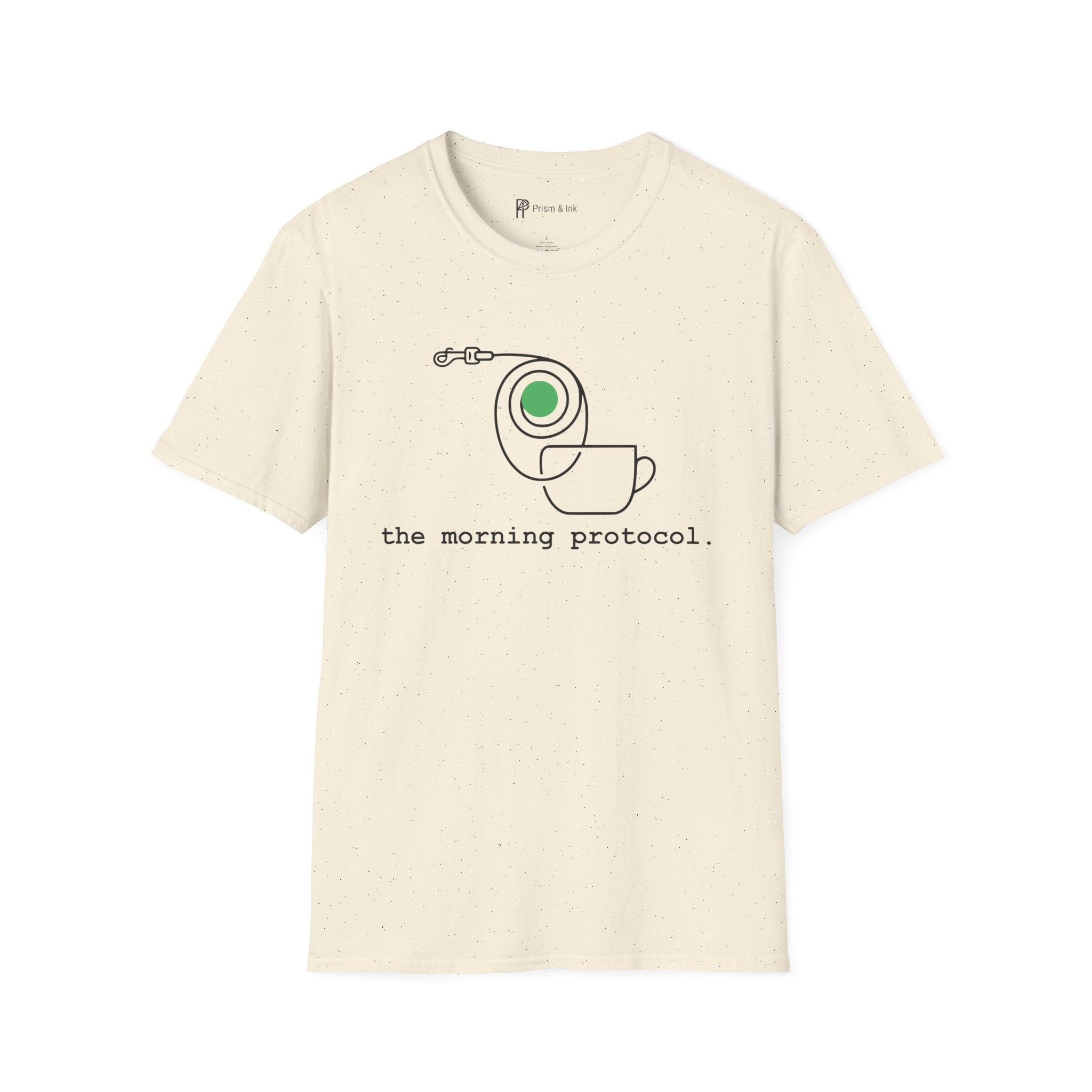 Morning Protocol T-Shirt — Minimalist Dog Leash & Coffee Cup Graphic
