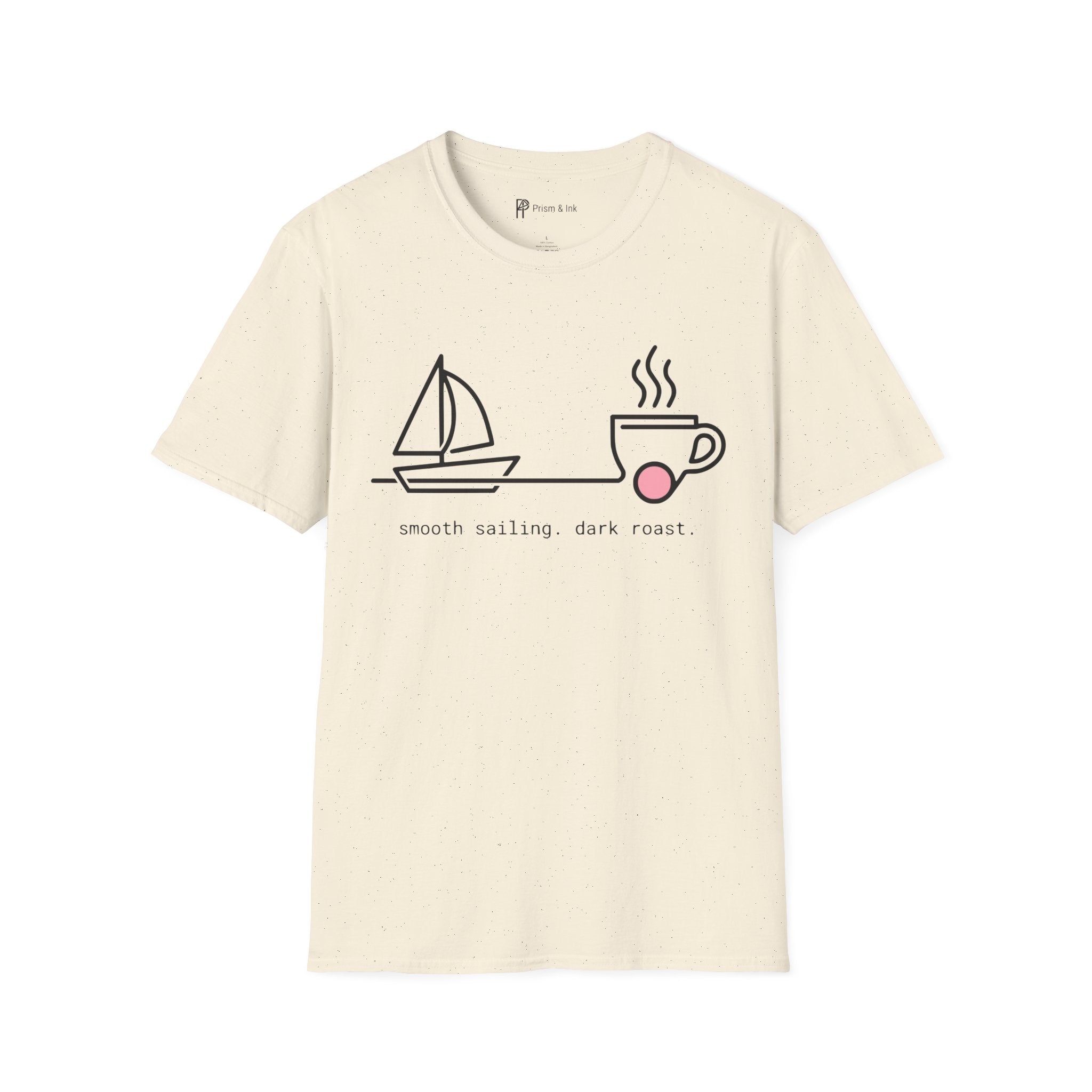 Smooth Sailing Dark Roast T-Shirt — Minimalist Sailboat & Coffee Cup