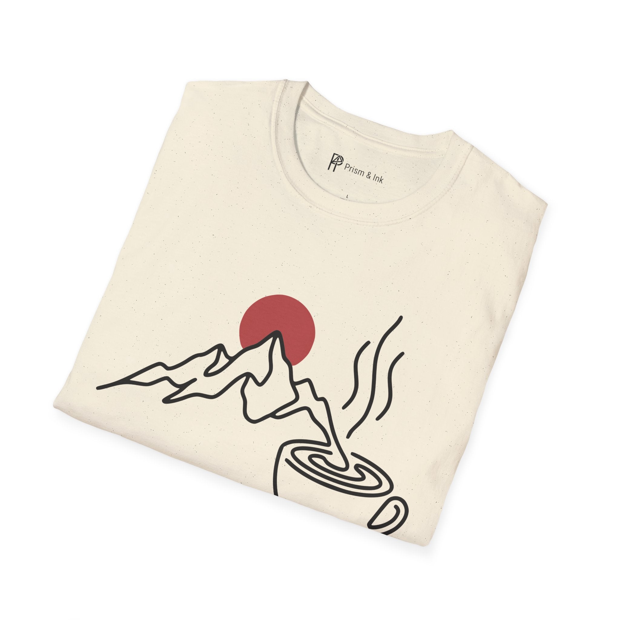 Trail Starts After Coffee T-Shirt — Minimalist Mountain & First Cup Graphic