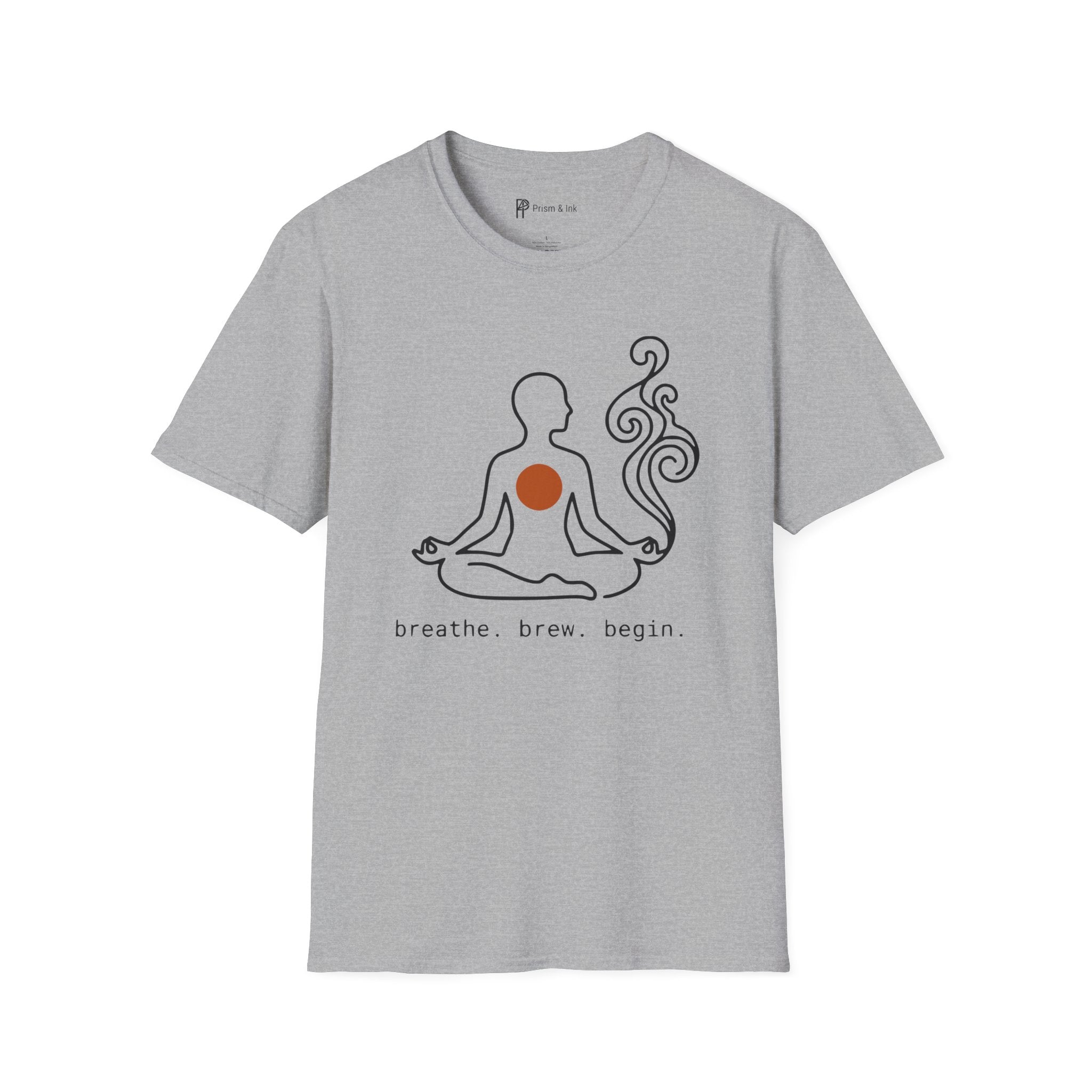 Breathe, Brew, Begin T-Shirt — Minimalist Zen Meditation & Coffee Art