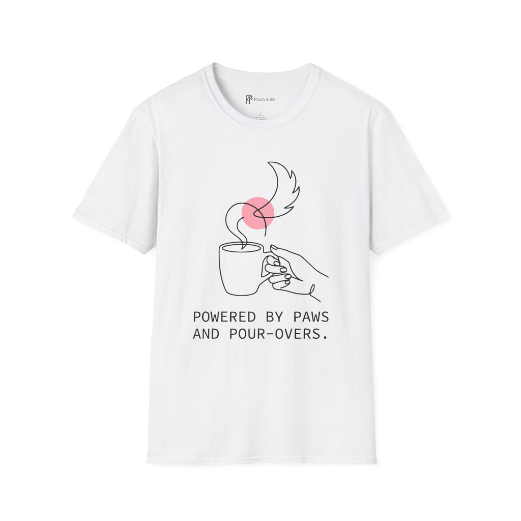 Powered by Paws T-Shirt — Minimalist Pet Lover & Coffee Pour-Over Graphic
