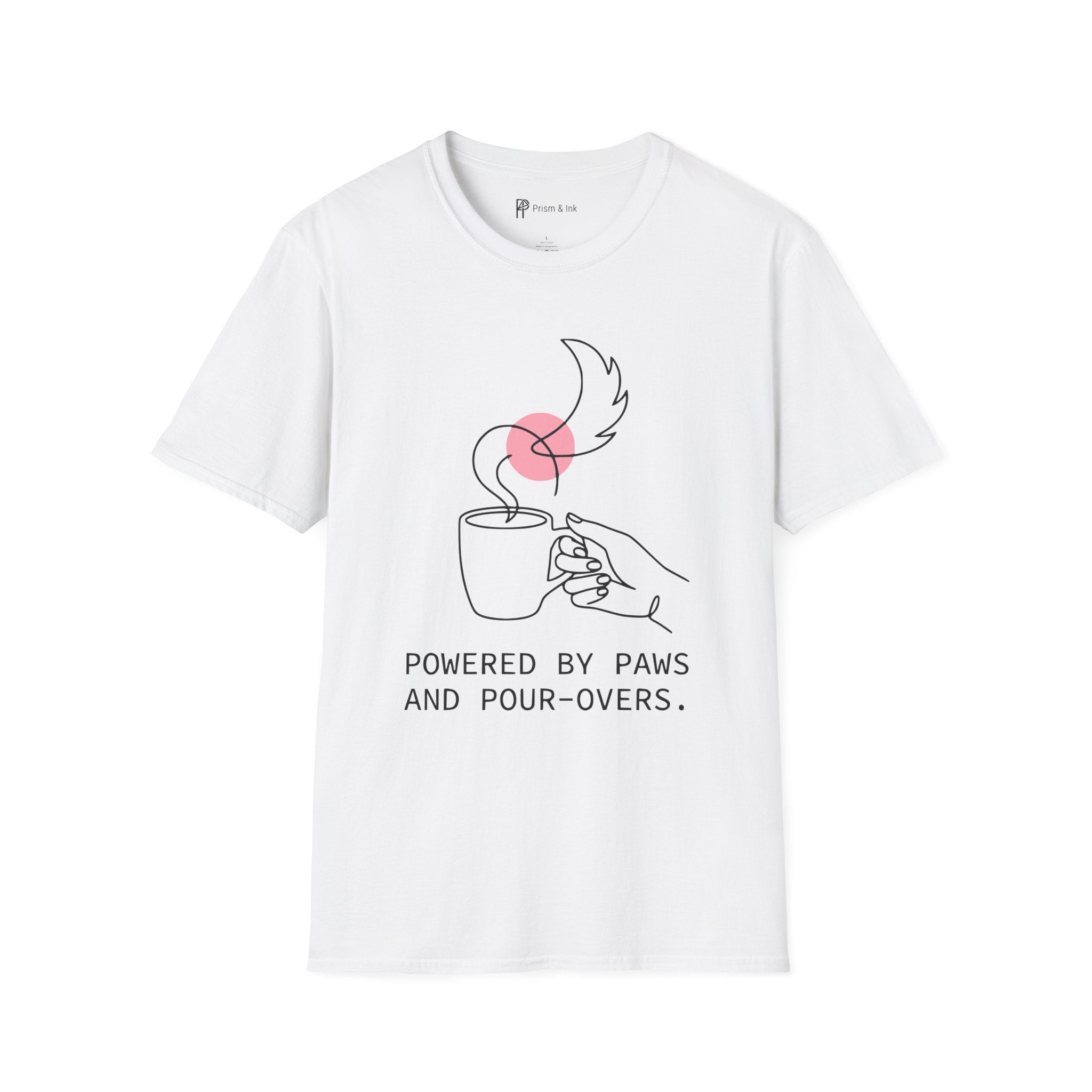 Powered by Paws T-Shirt — Minimalist Pet Lover & Coffee Pour-Over Graphic