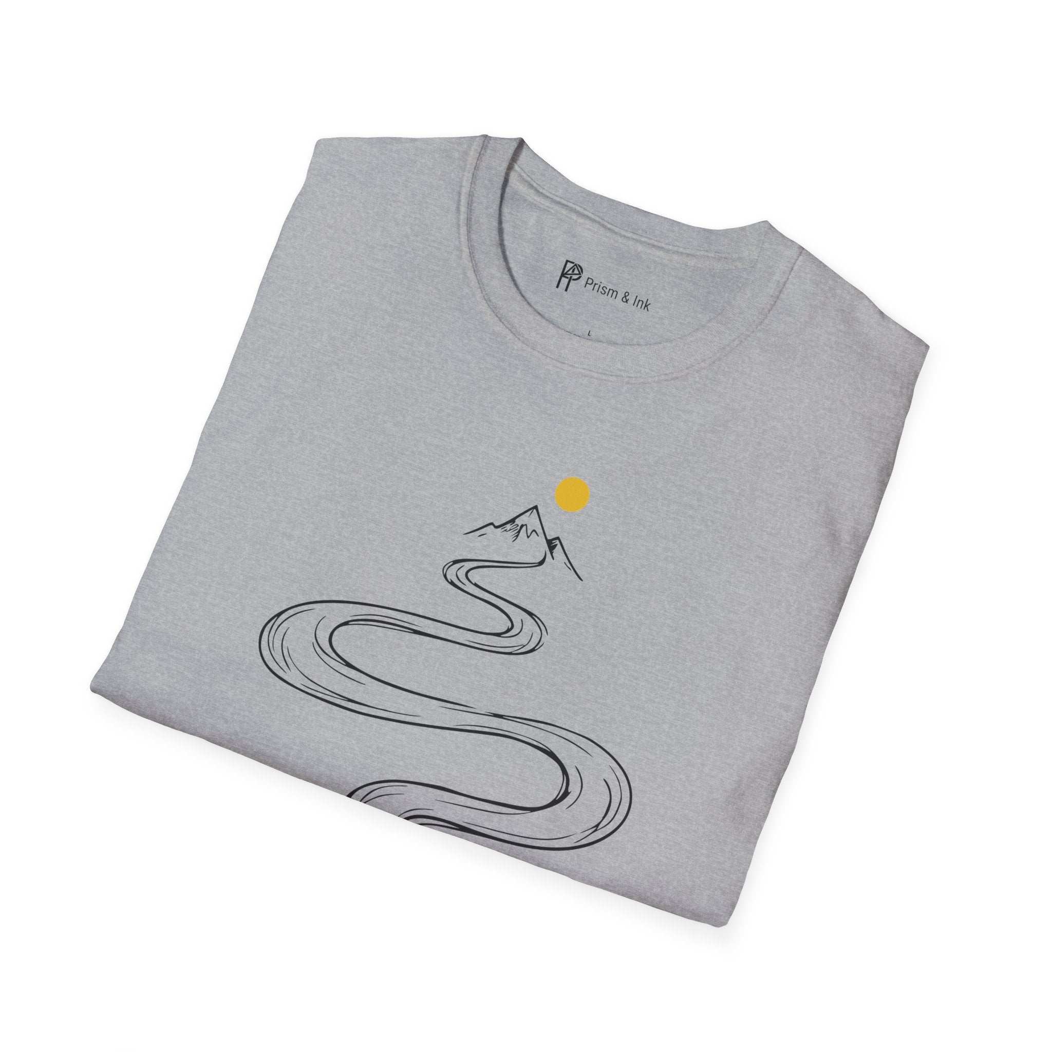 Summit Brew T-Shirt — Steaming Coffee Path and Mountain Peak