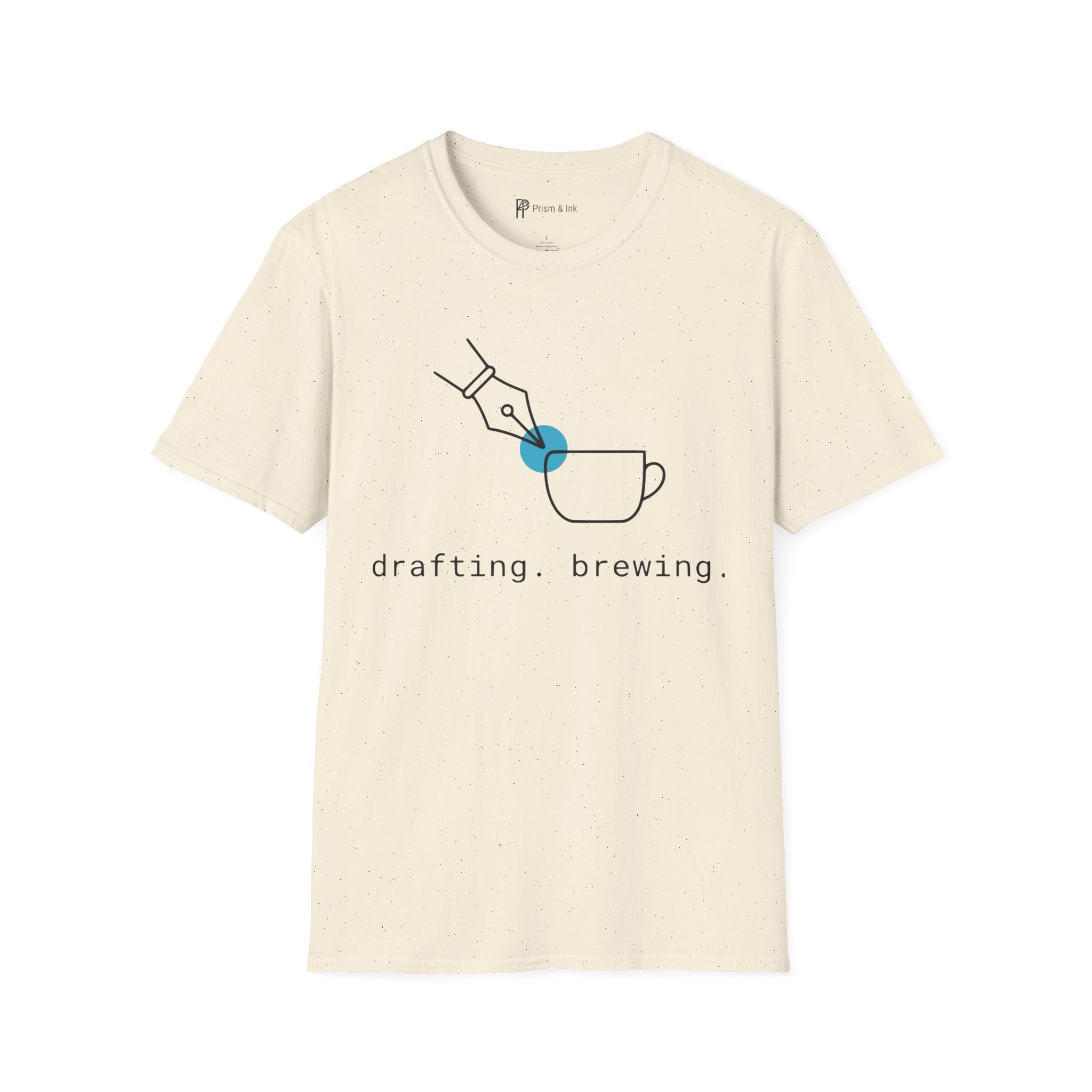 Drafting & Brewing T-Shirt — Minimalist Pen Nib & Coffee Line Art