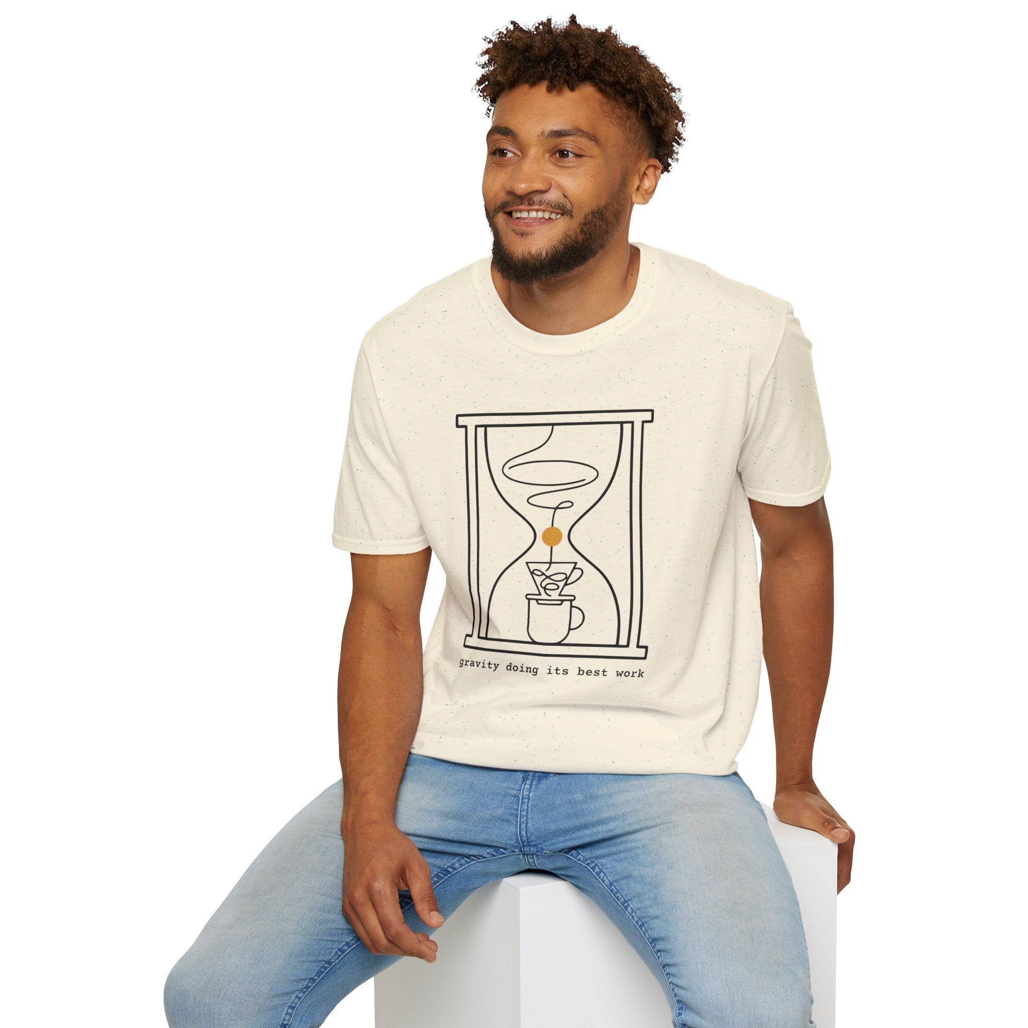 Gravity Doing Its Best Work T-Shirt — Minimalist Hourglass & Pour-Over Coffee Art