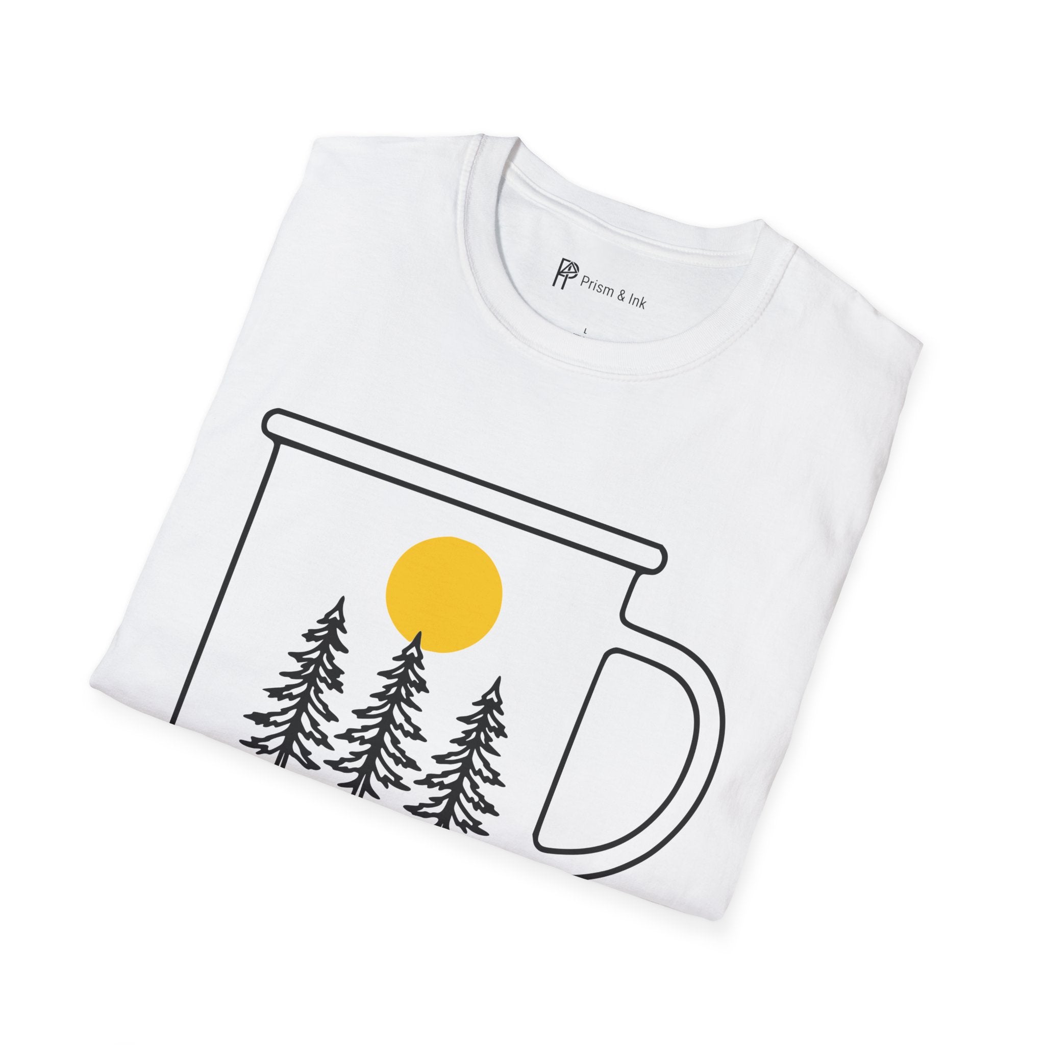 Wild & Awake T-Shirt — Outdoor Enamel Mug and Pine Forest