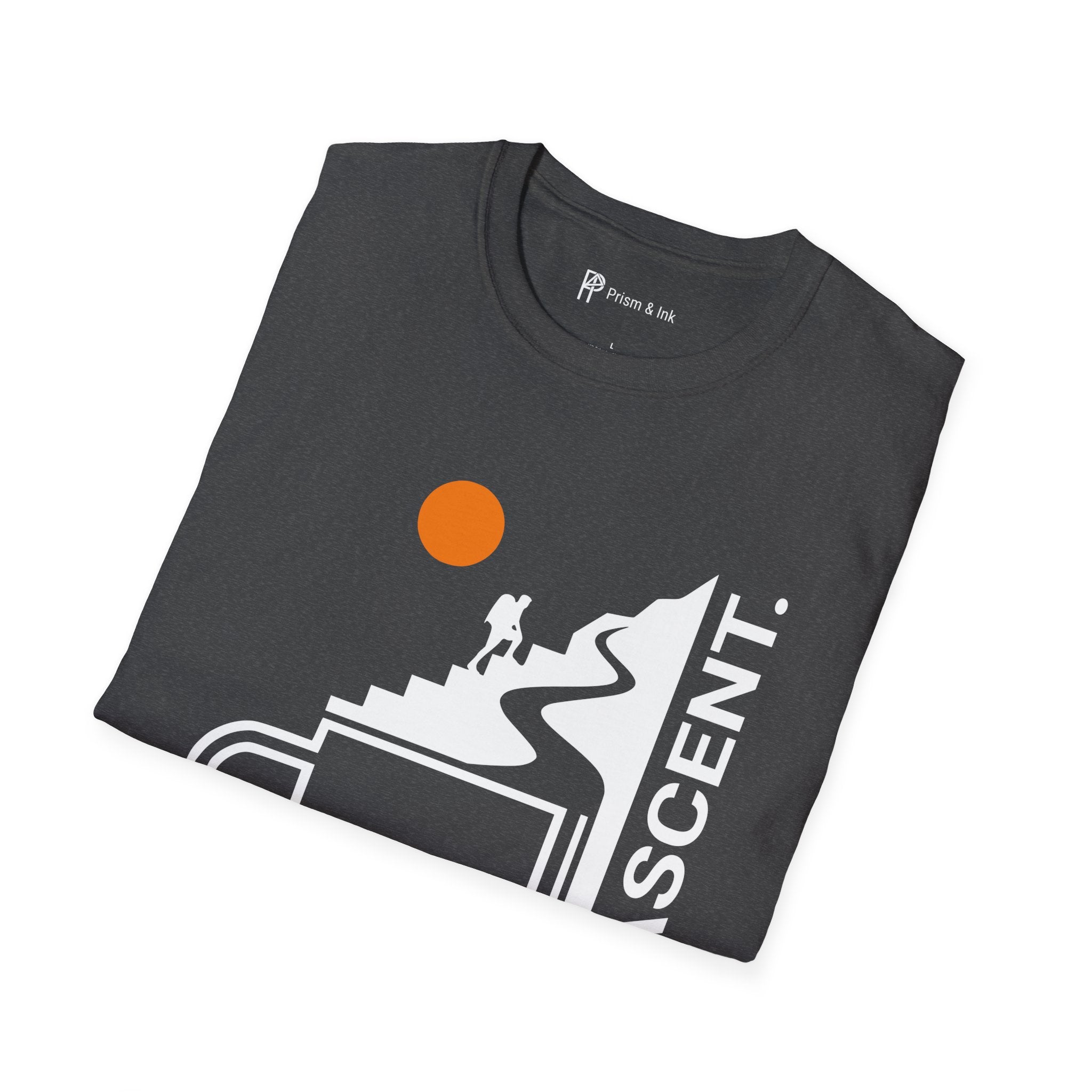 The Ascent T-Shirt — Coffee Cup Mountain Stairs and Hiker