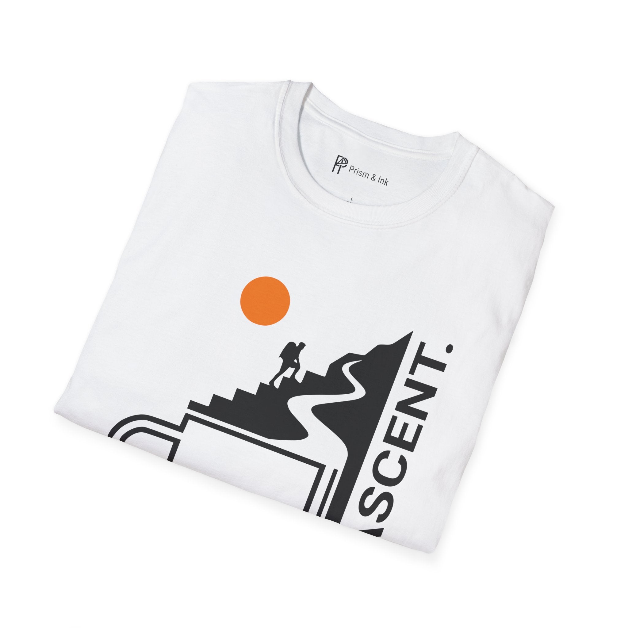 The Ascent T-Shirt — Coffee Cup Mountain Stairs and Hiker