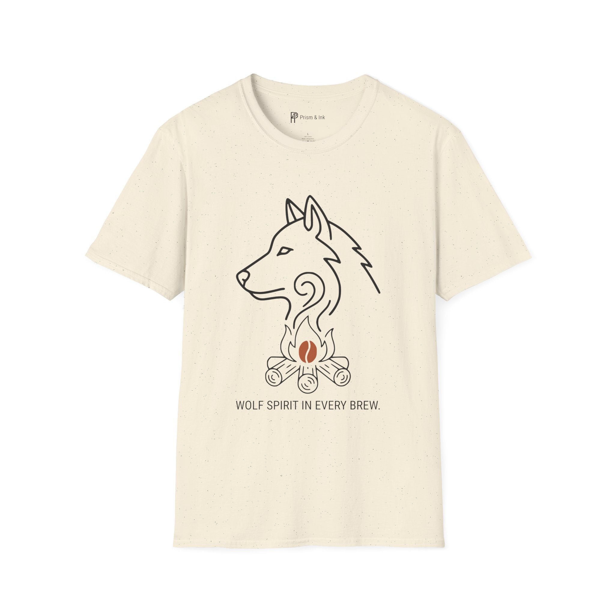 Wolf Spirit in Every Brew T-Shirt — Minimalist Campfire & Wild Coffee Silhouette