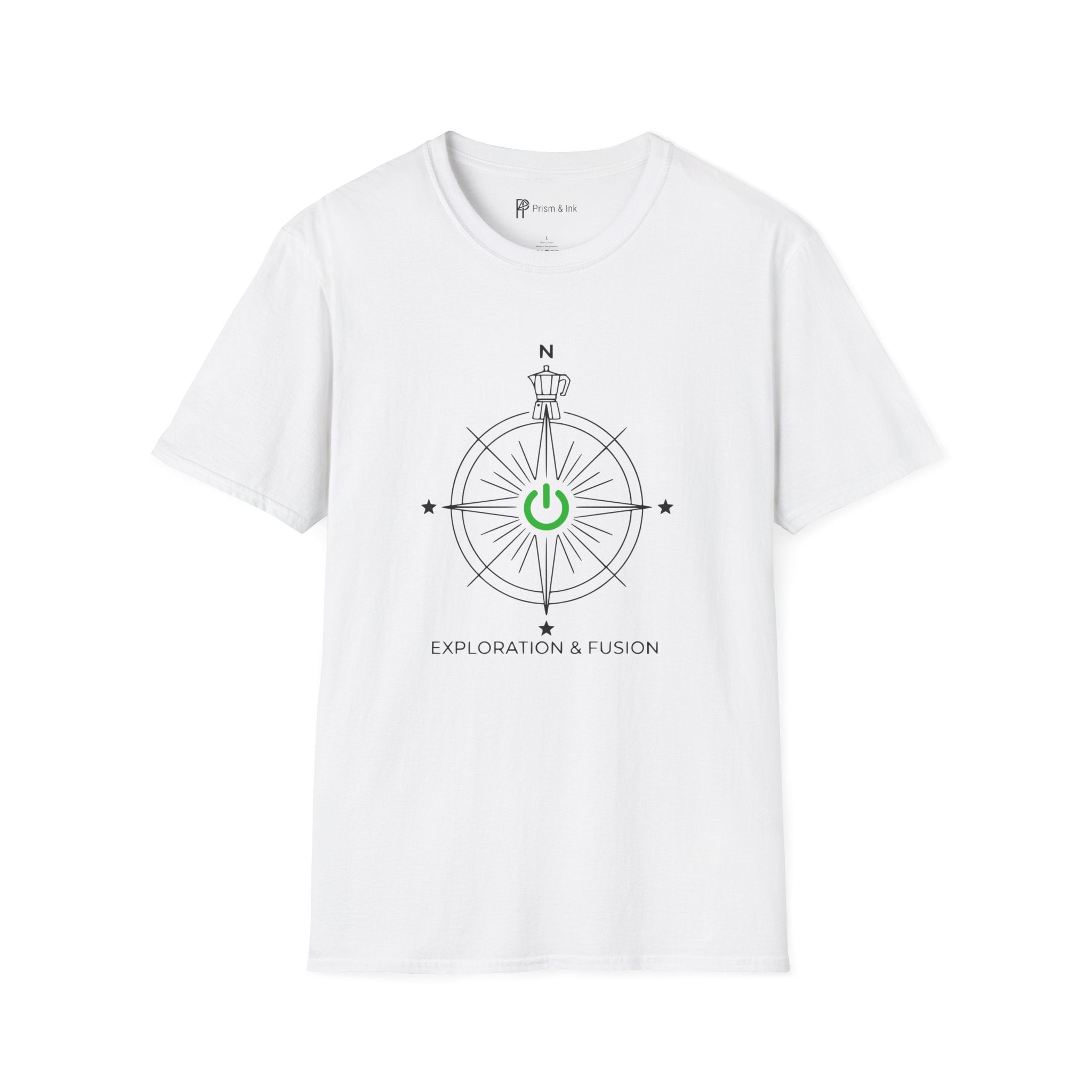 Exploration & Fusion T-Shirt — Minimalist Coffee Compass & Moka Pot Art