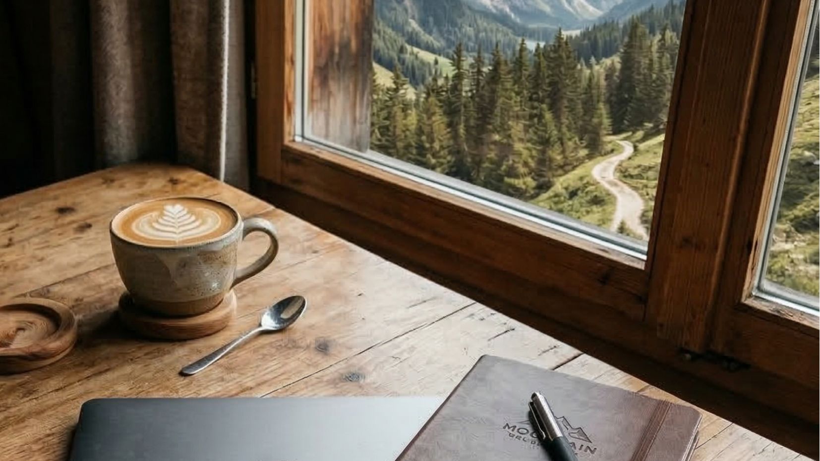 Cup of coffee on a wooden table with a laptop and notebook, window view of mountains and trees.
