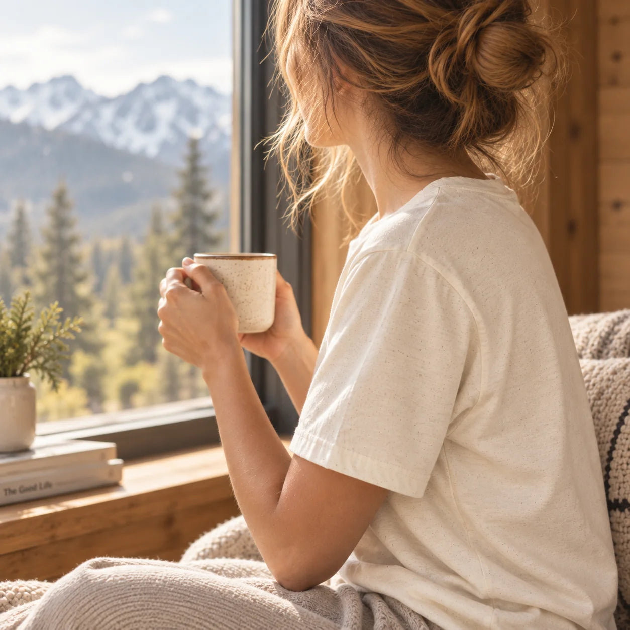 A woman in a white t-shirt sits by a window looking at a mountain landscape, holding a beige ceramic mug.