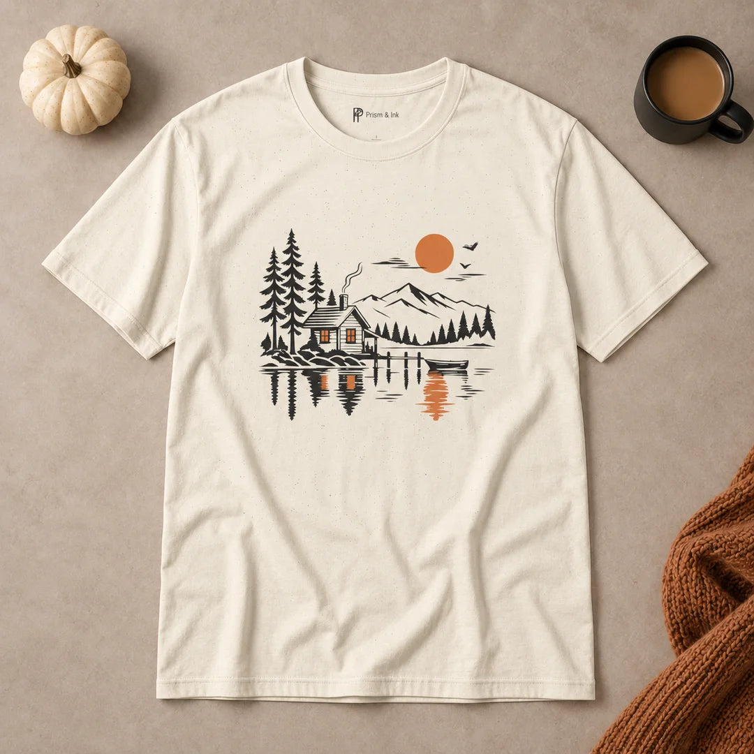 Quiet Cabin Lake Sunset Mountain T-Shirt