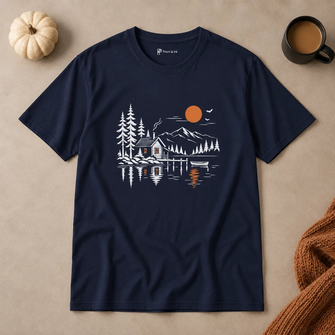 Quiet Cabin Lake Sunset Mountain T-Shirt
