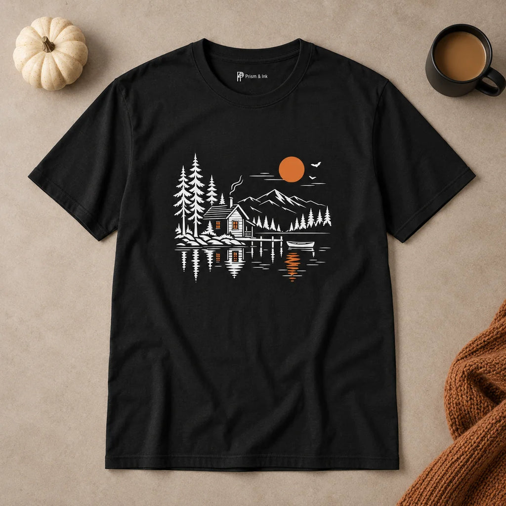Quiet Cabin Lake Sunset Mountain T-Shirt