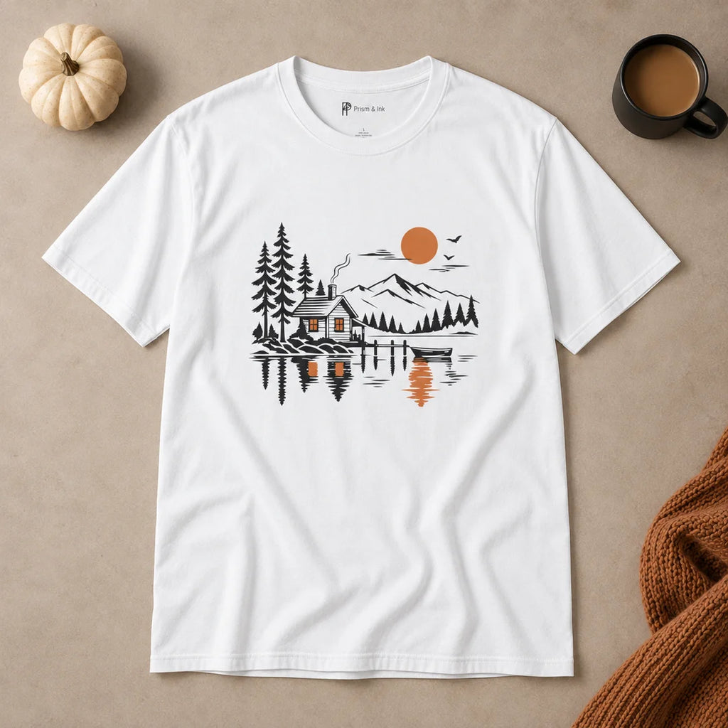 Quiet Cabin Lake Sunset Mountain T-Shirt