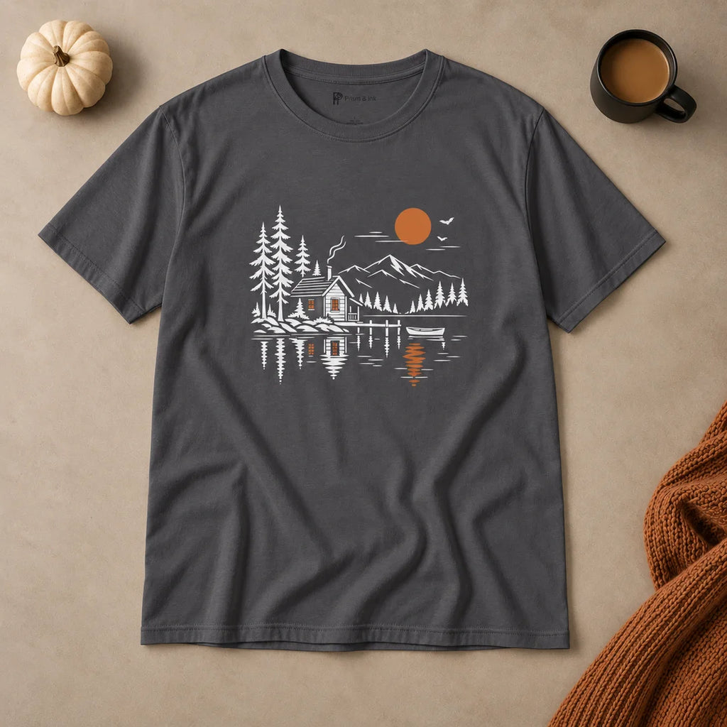 Quiet Cabin Lake Sunset Mountain T-Shirt
