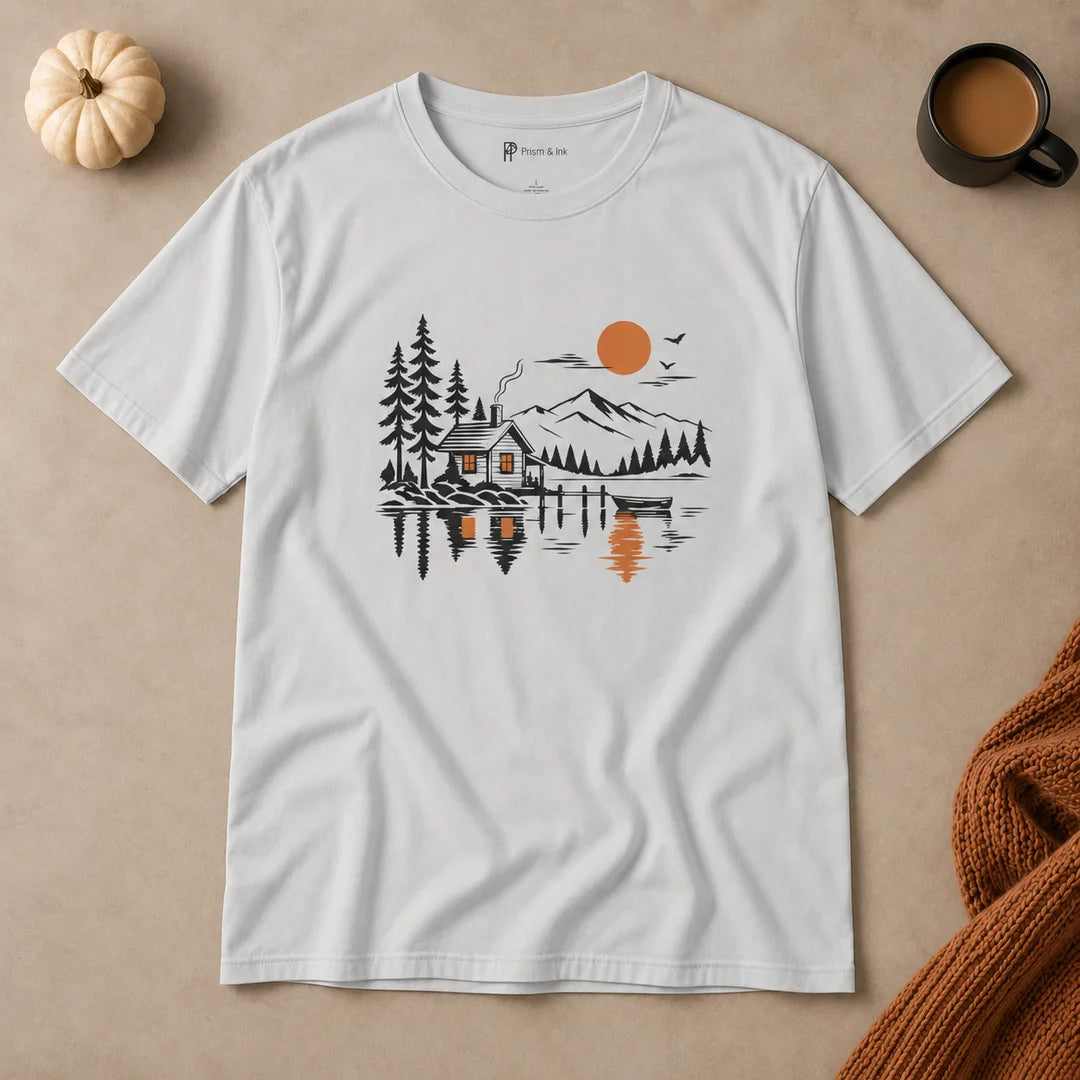 Quiet Cabin Lake Sunset Mountain T-Shirt